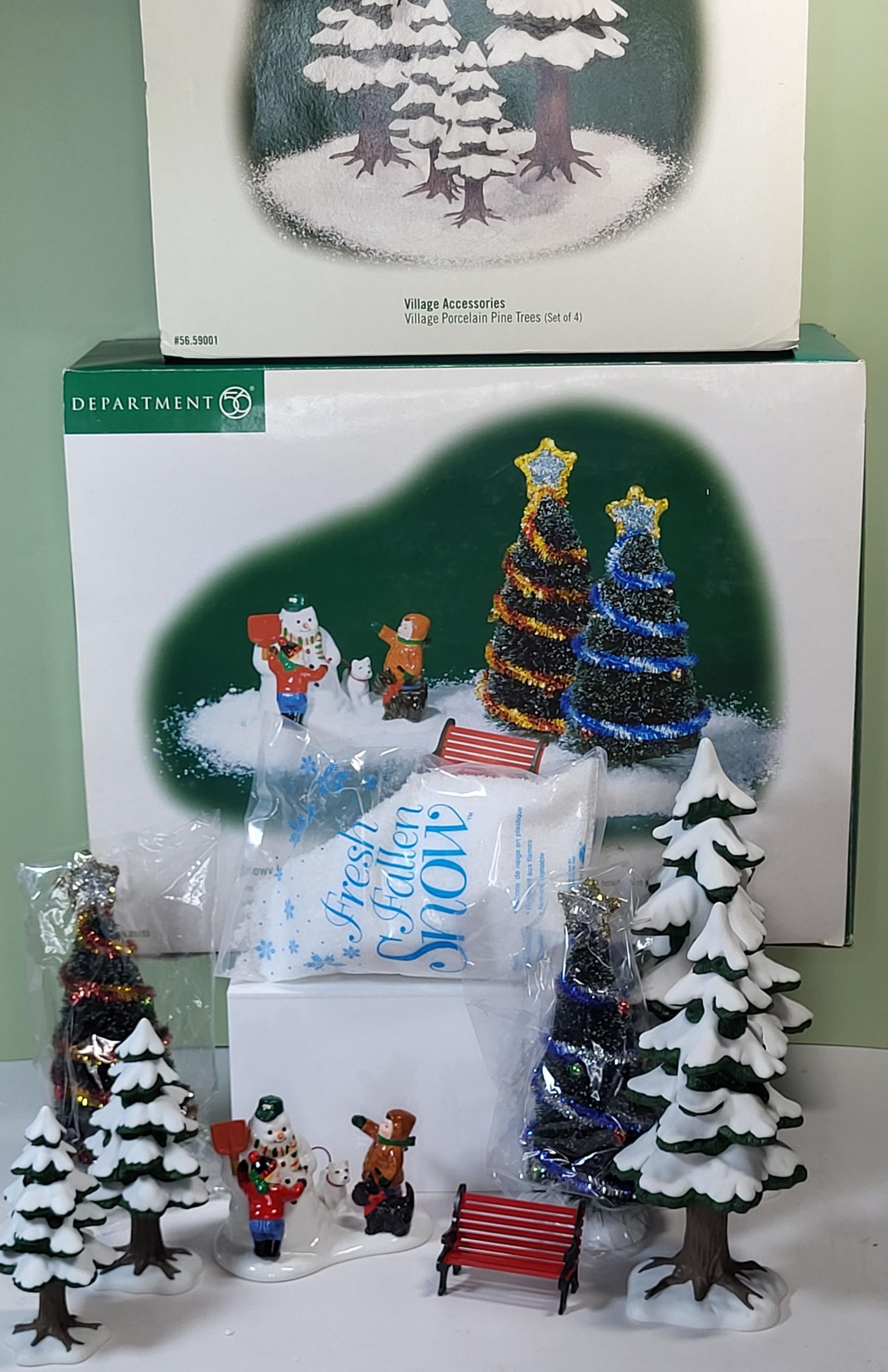 Department 56 Christmas Village Bundle: "Fresh Fallen Snow", "Porcelain Pine Trees" Set (approx. 10+ Pcs), Like New, Never Used, with Boxes view 2