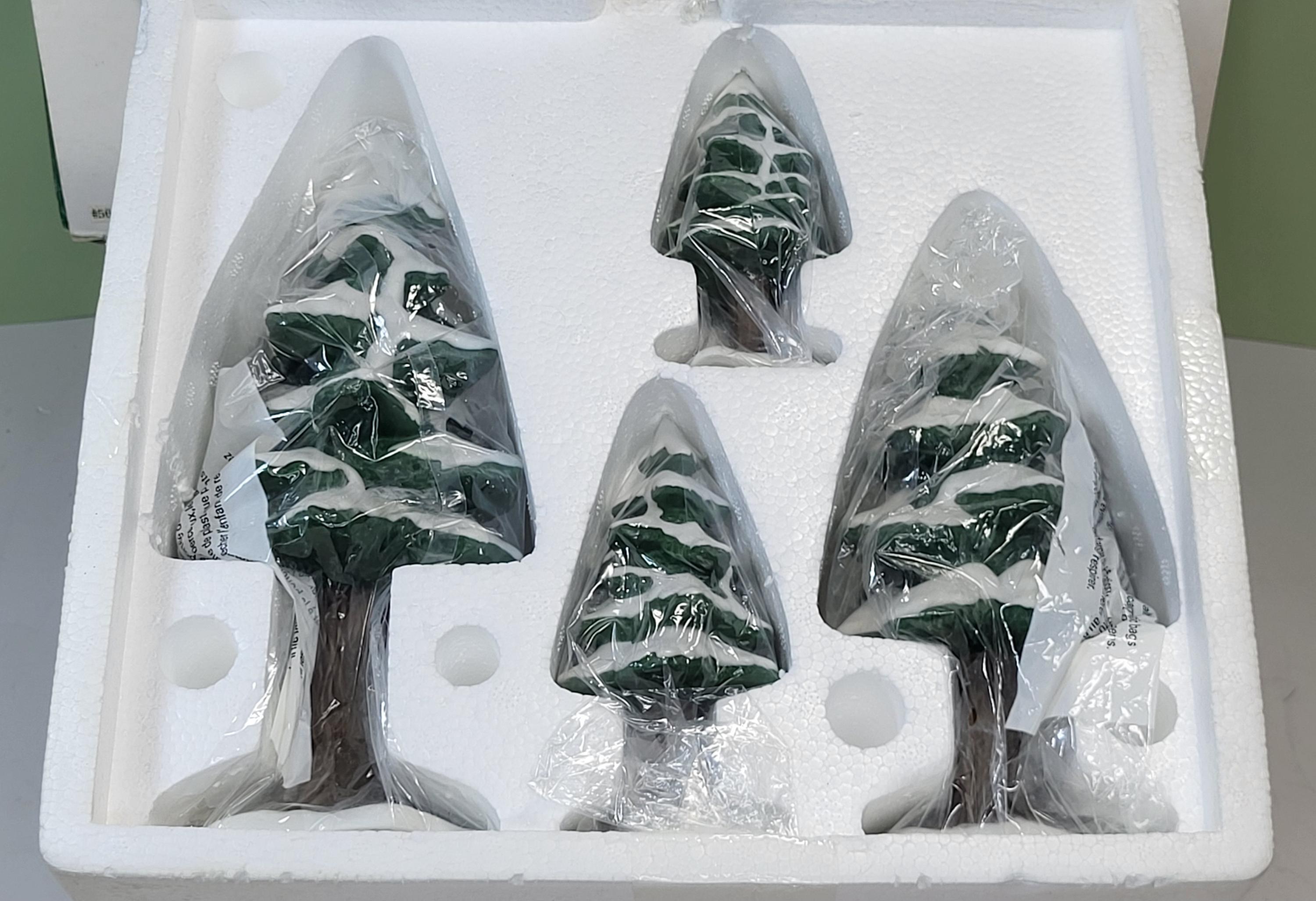 Department 56 Christmas Village Bundle: "Fresh Fallen Snow", "Porcelain Pine Trees" Set (approx. 10+ Pcs), Like New, Never Used, with Boxes view 6