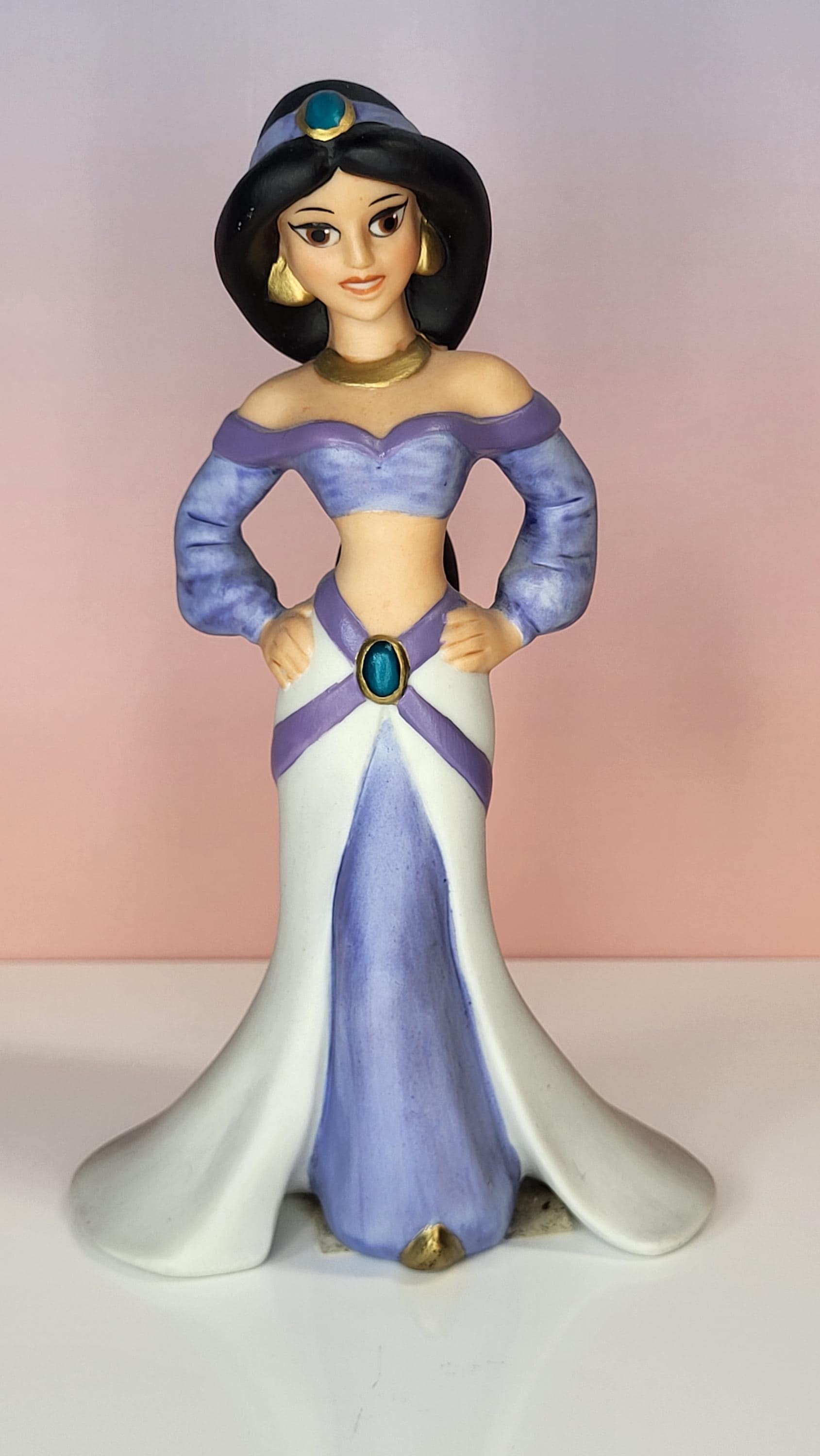 Rare Vintage 1990s Disney Princess Jasmine Figurine, Hand-Painted Porcelain Bisque, Aladdin Purple Dress Collectible, 6" Tall, Retired