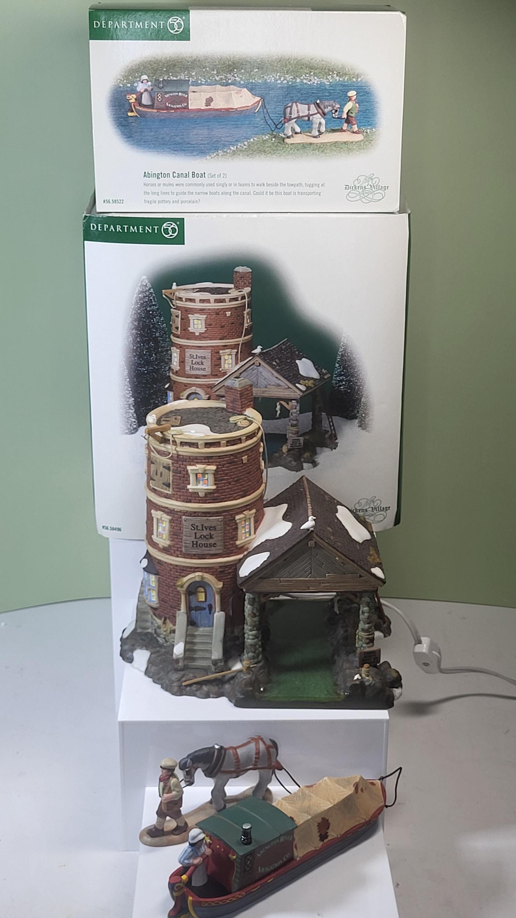 Rare Dept 56 Dickens Village Lot: St Ives Lock House #58496 and Abington Canal Boat Set #58522