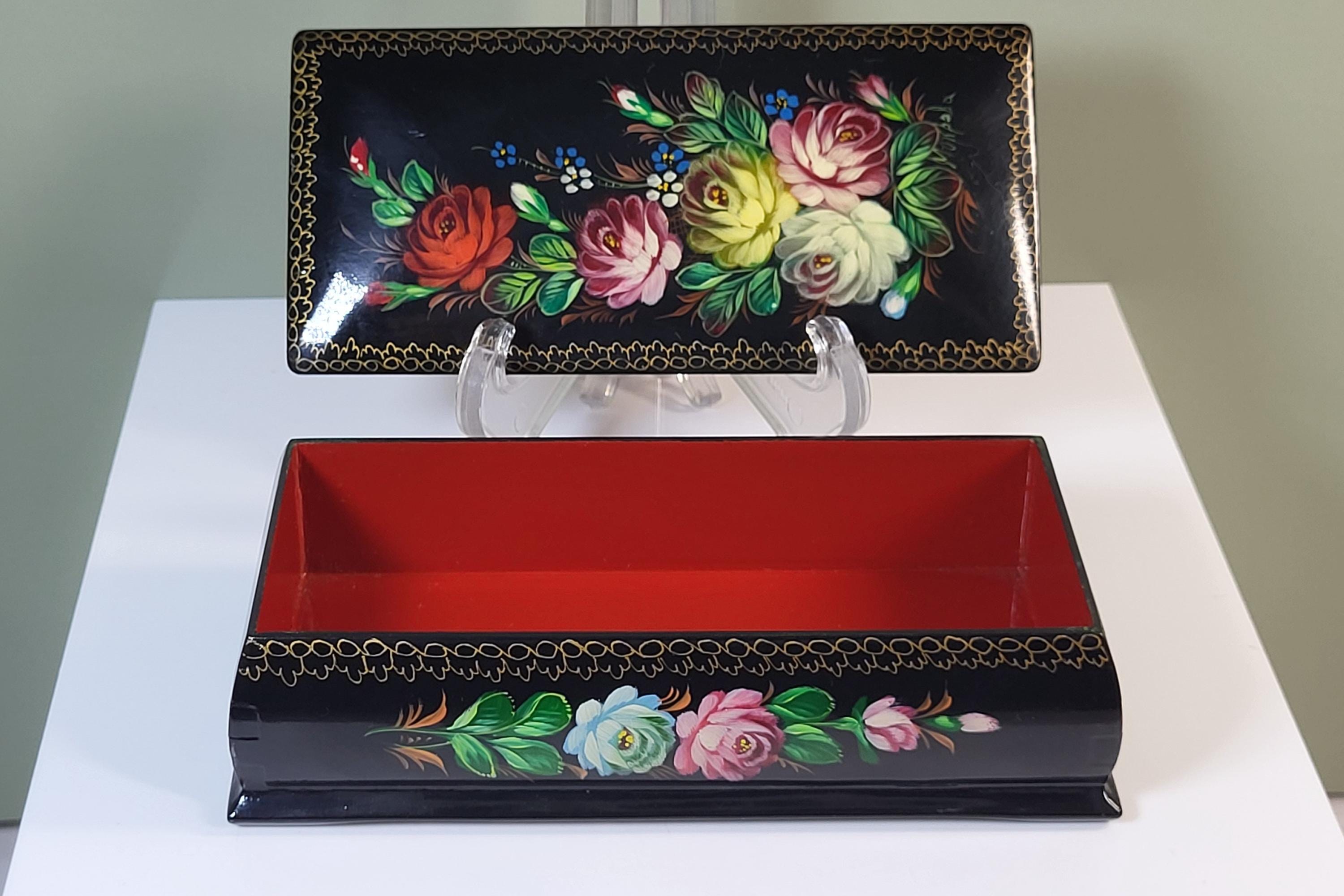 Vintage Hand Painted Russian Lacquer Box, Floral Zhostovo Folk Art