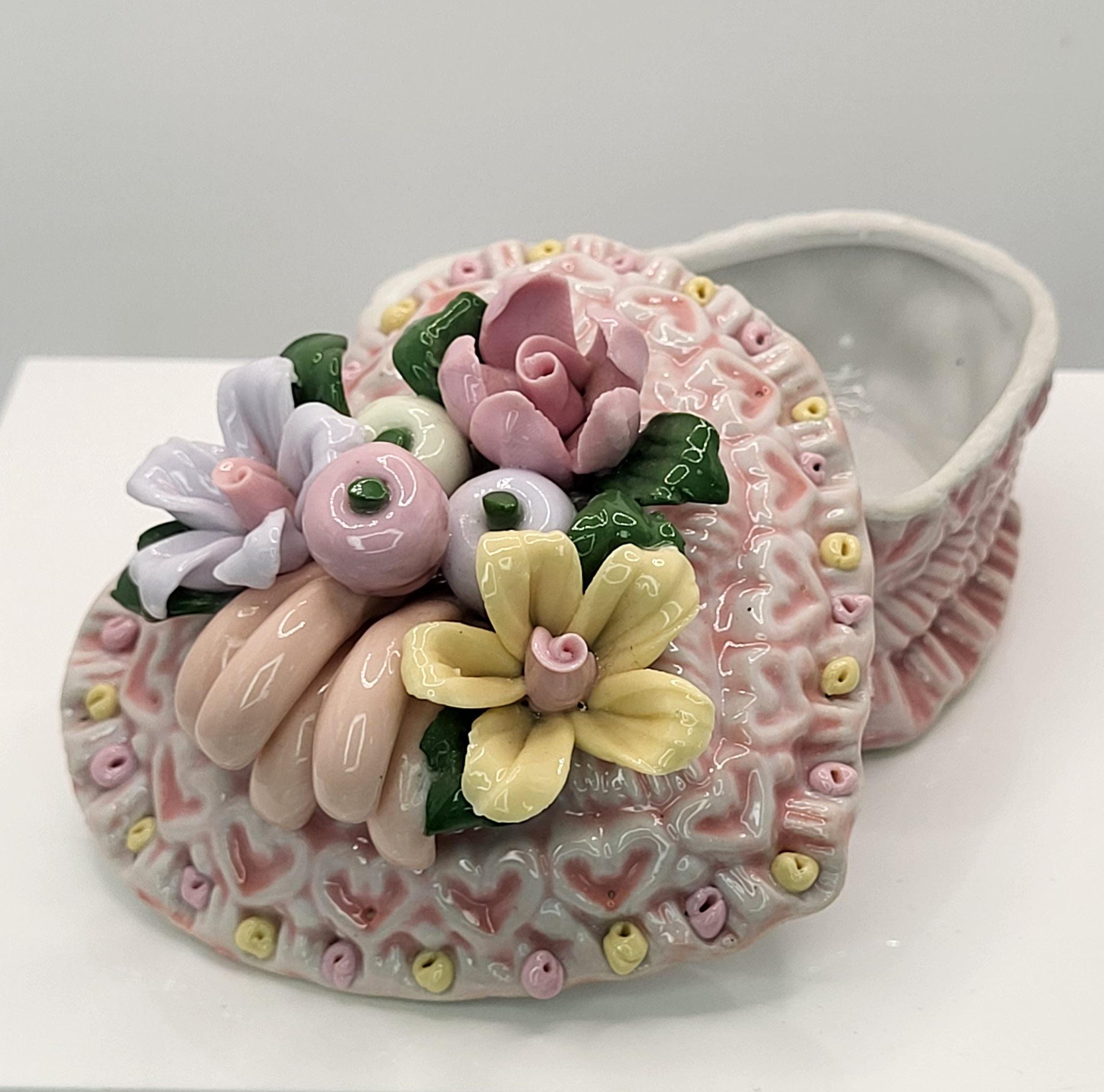 Vintage Porcelain Heart Trinket Box, Floral Vanity Decor