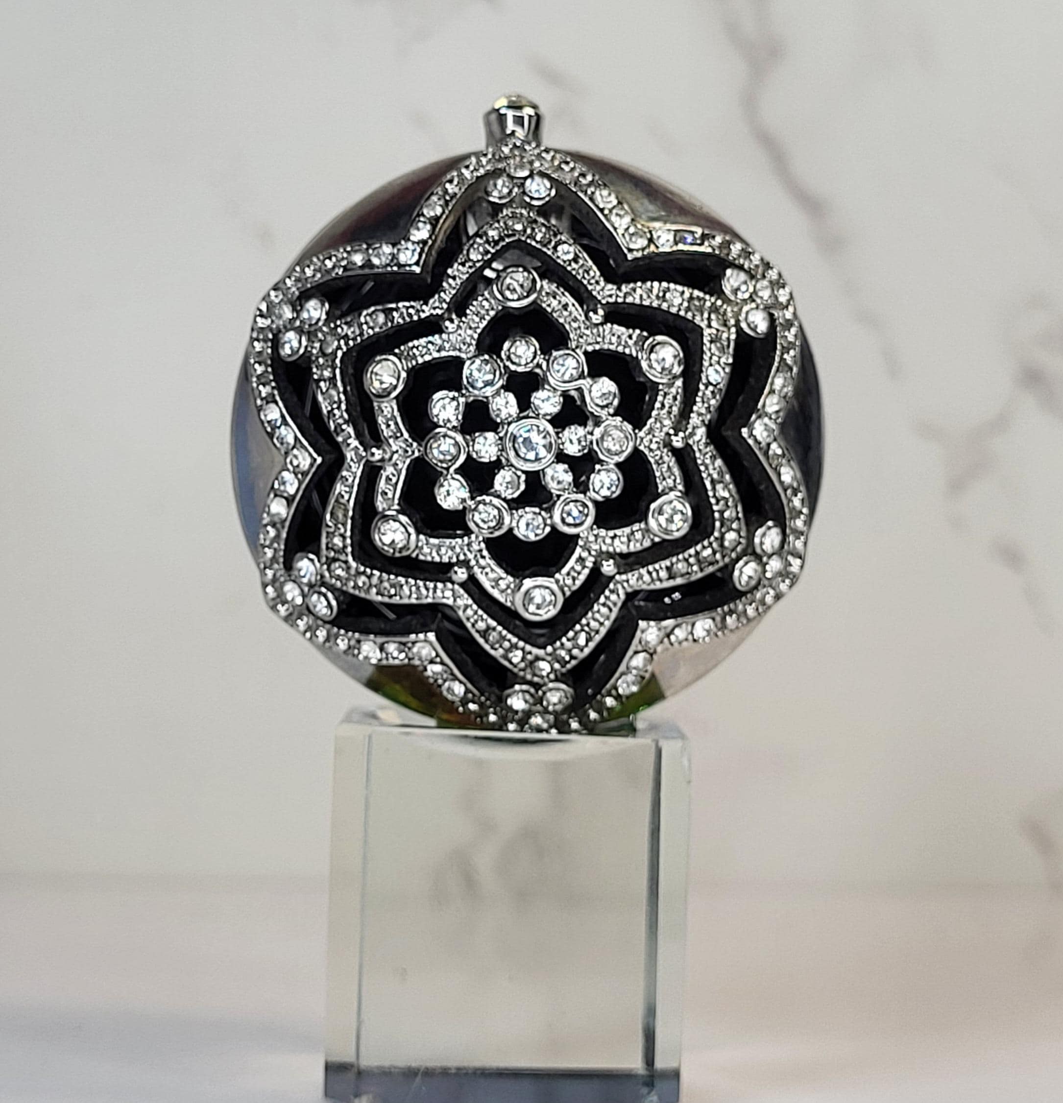 Monet Collectible Pill Box, Black Enamel Crystal Trinket Box