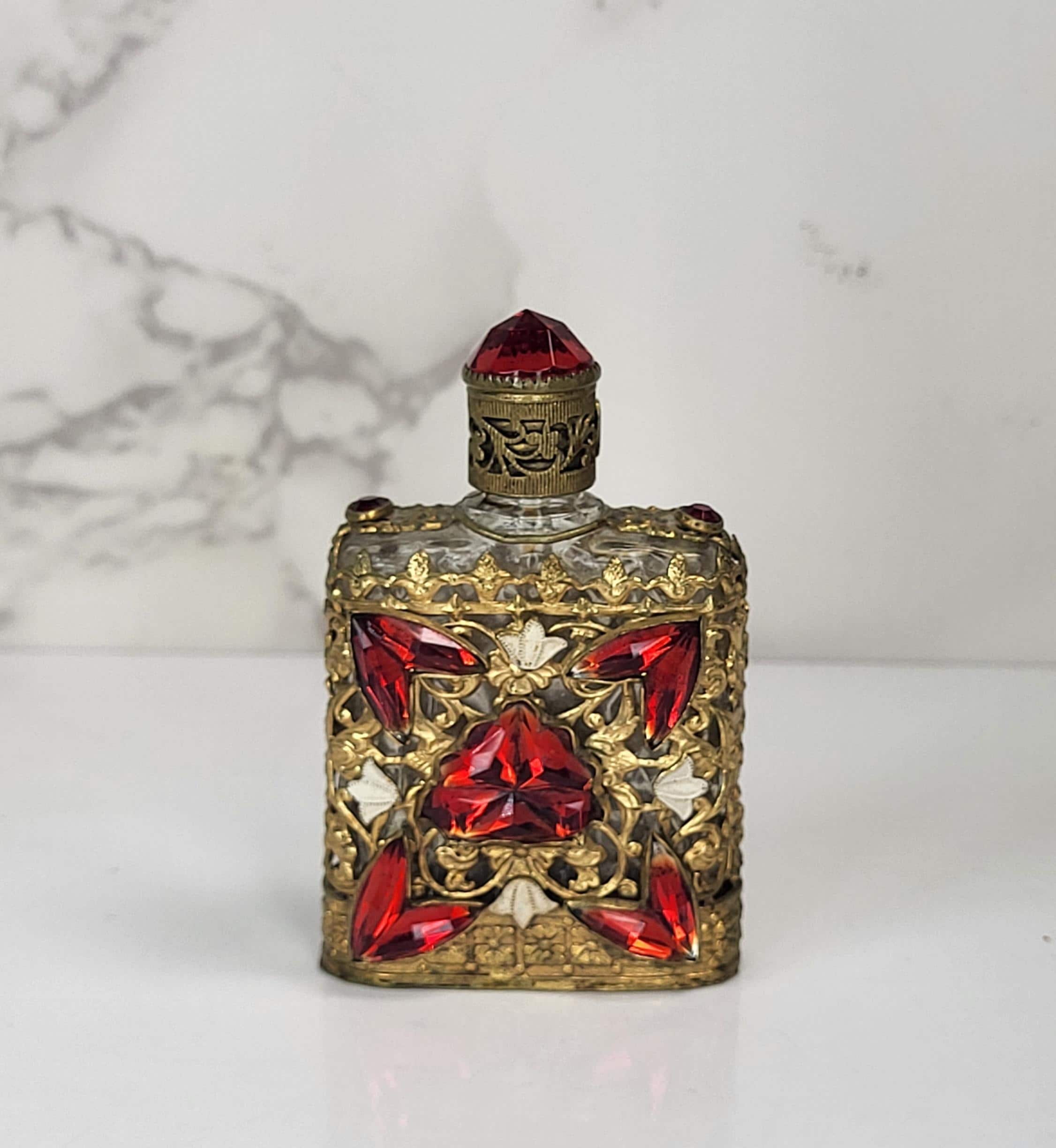 Vintage Czech Perfume Bottle, Red Glass Stones, Gold Filigree