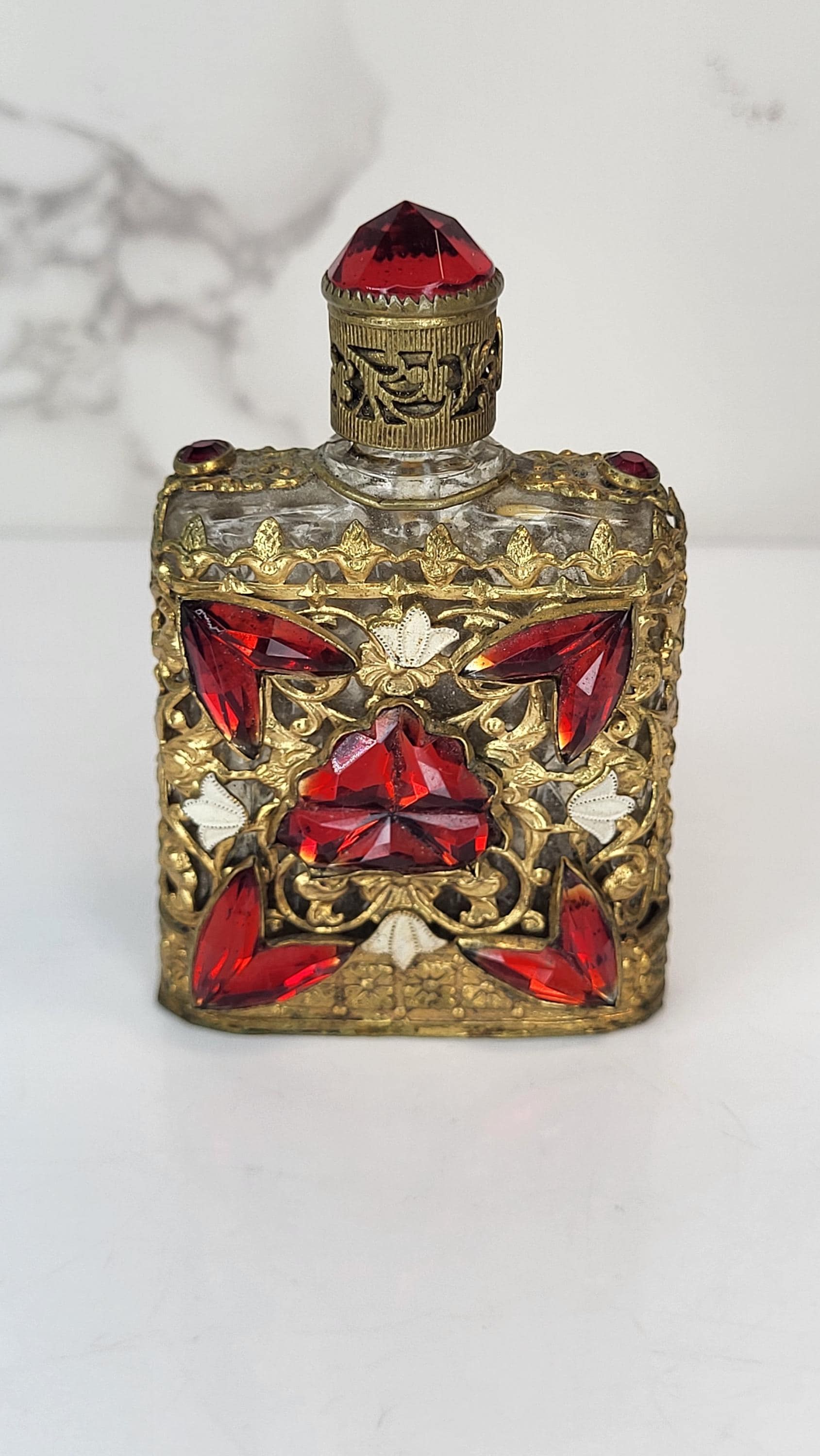 Vintage Czech Perfume Bottle, Red Glass Stones, Gold Filigree view 2