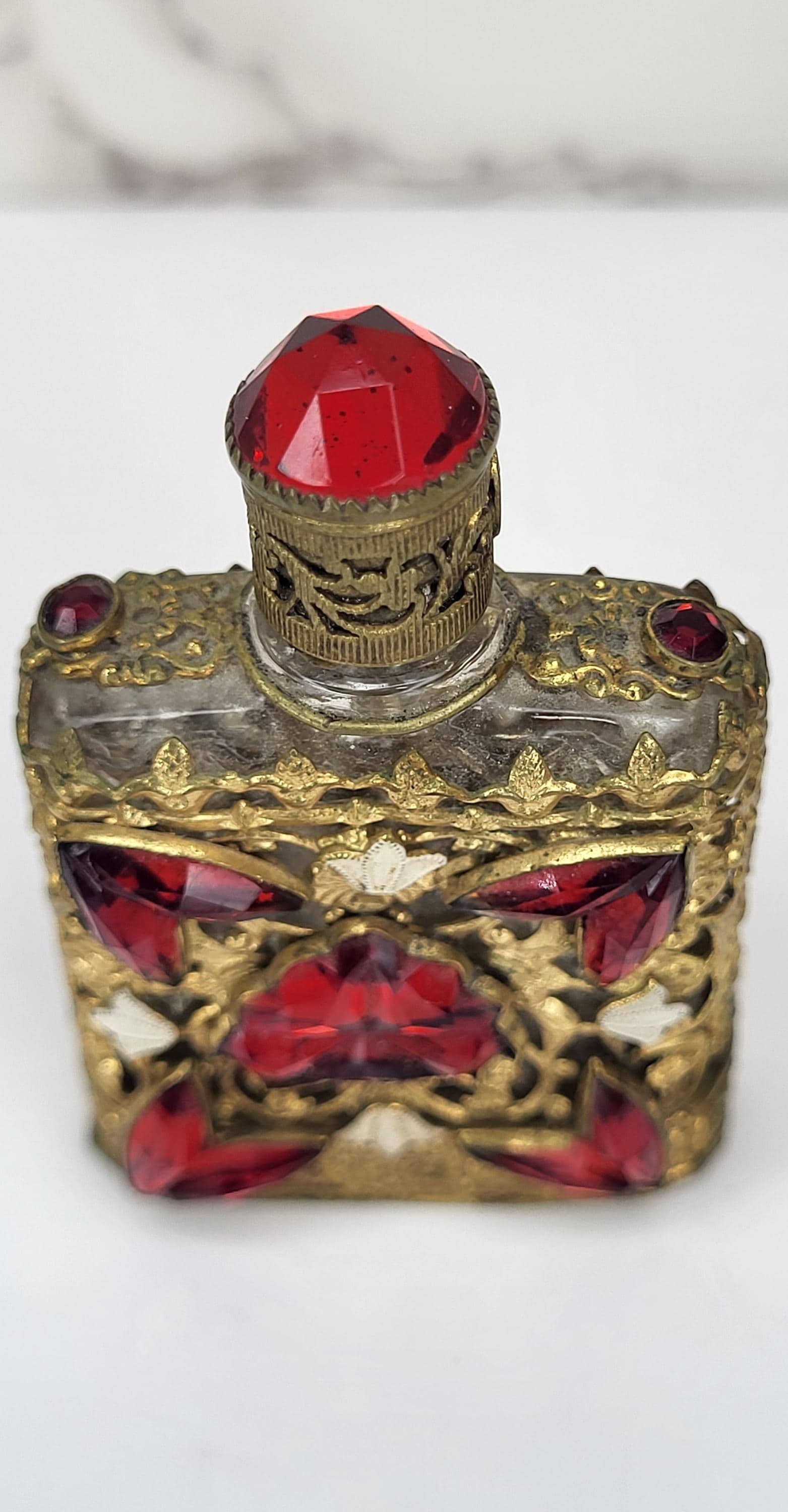 Vintage Czech Perfume Bottle, Red Glass Stones, Gold Filigree view 3