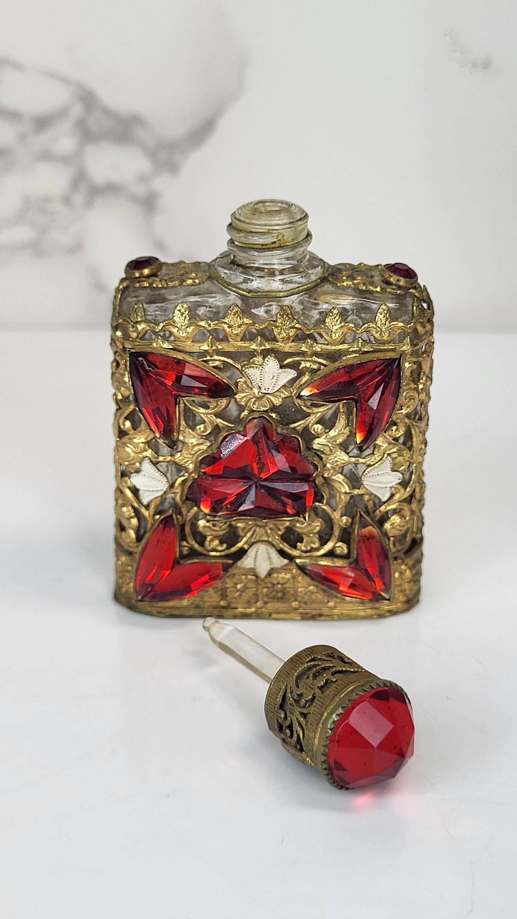 Vintage Czech Perfume Bottle, Red Glass Stones, Gold Filigree view 4