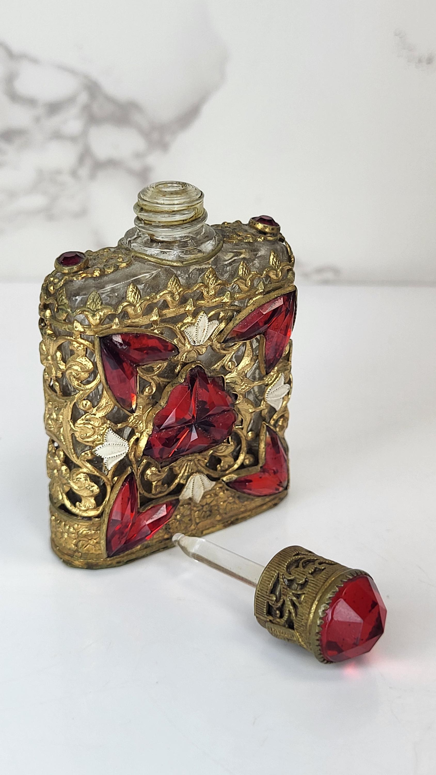 Vintage Czech Perfume Bottle, Red Glass Stones, Gold Filigree view 5