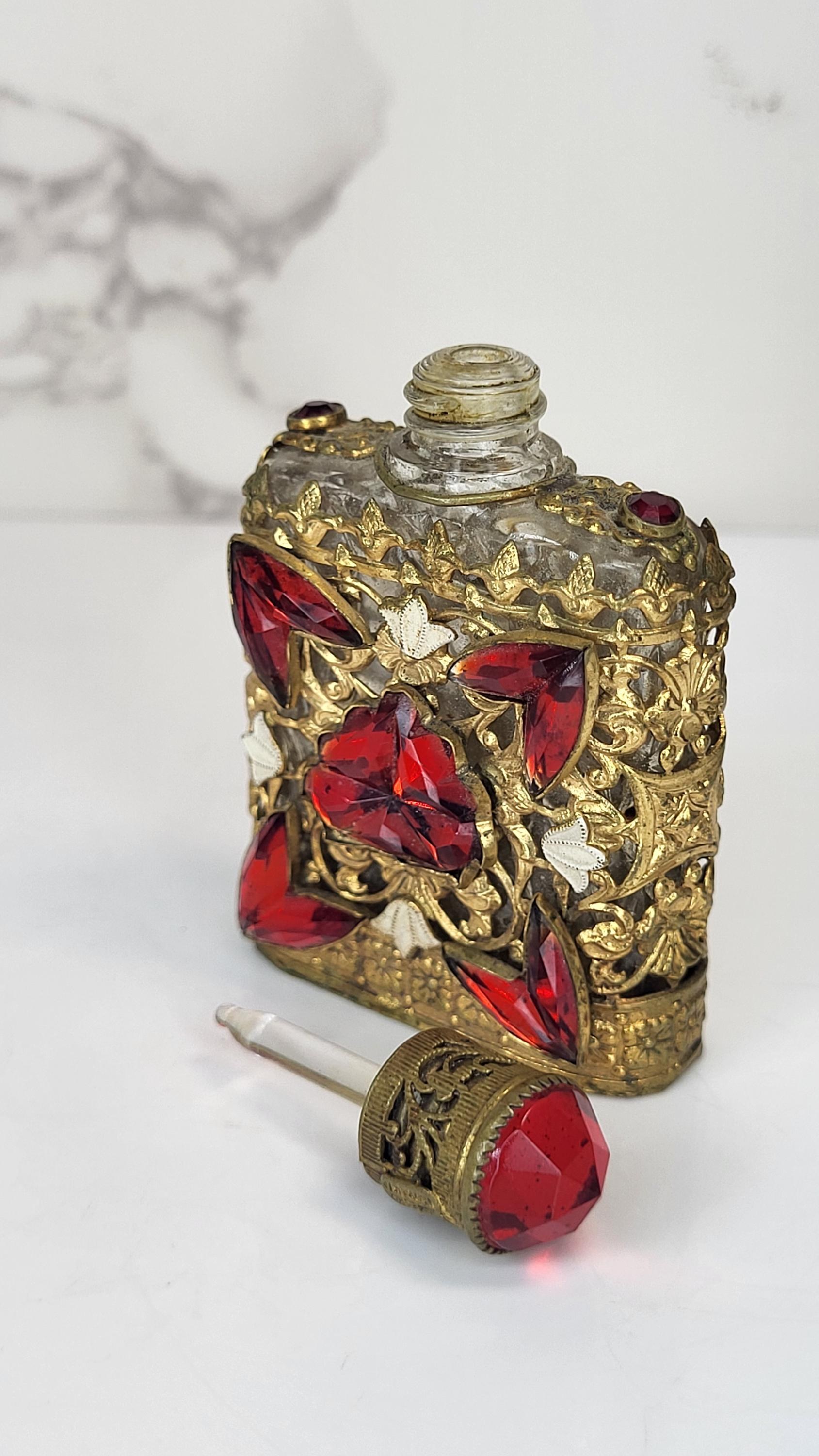 Vintage Czech Perfume Bottle, Red Glass Stones, Gold Filigree view 6
