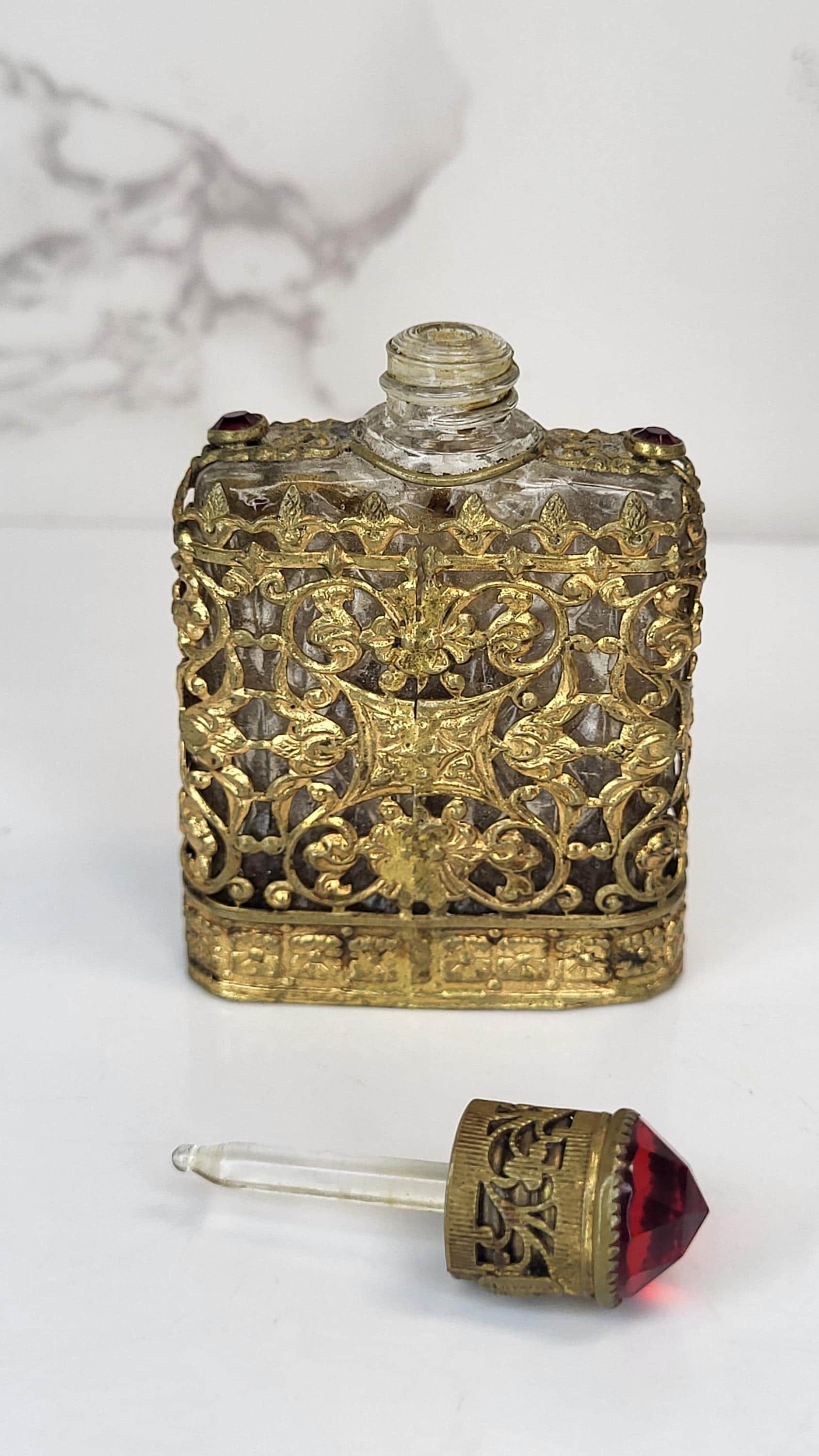 Vintage Czech Perfume Bottle, Red Glass Stones, Gold Filigree view 7