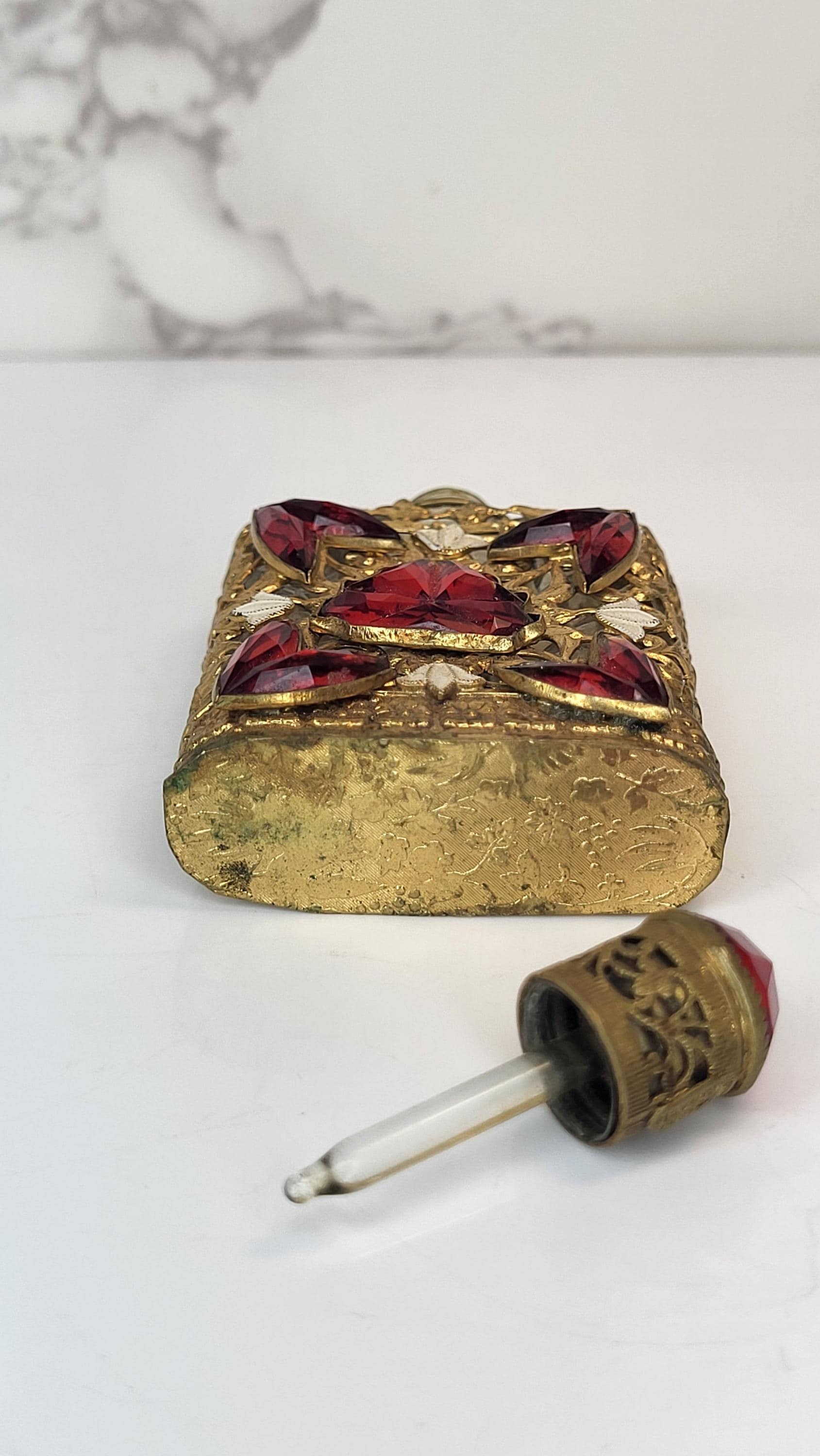 Vintage Czech Perfume Bottle, Red Glass Stones, Gold Filigree view 8
