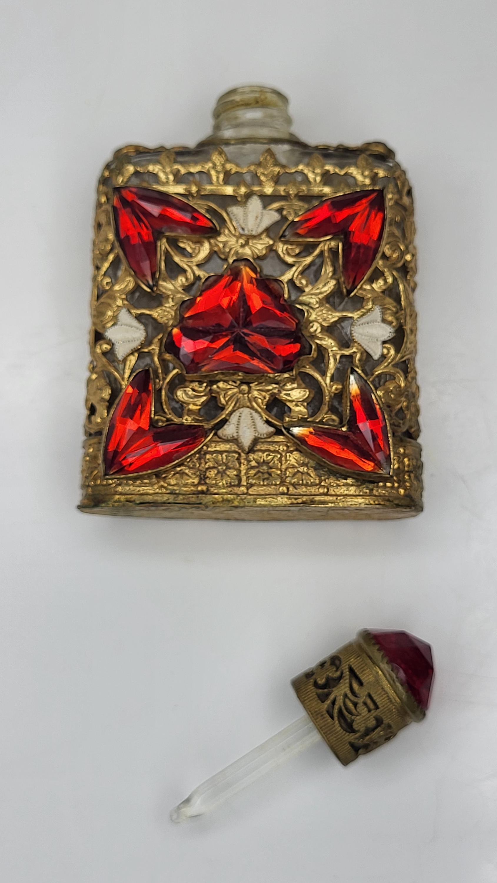 Vintage Czech Perfume Bottle, Red Glass Stones, Gold Filigree view 9