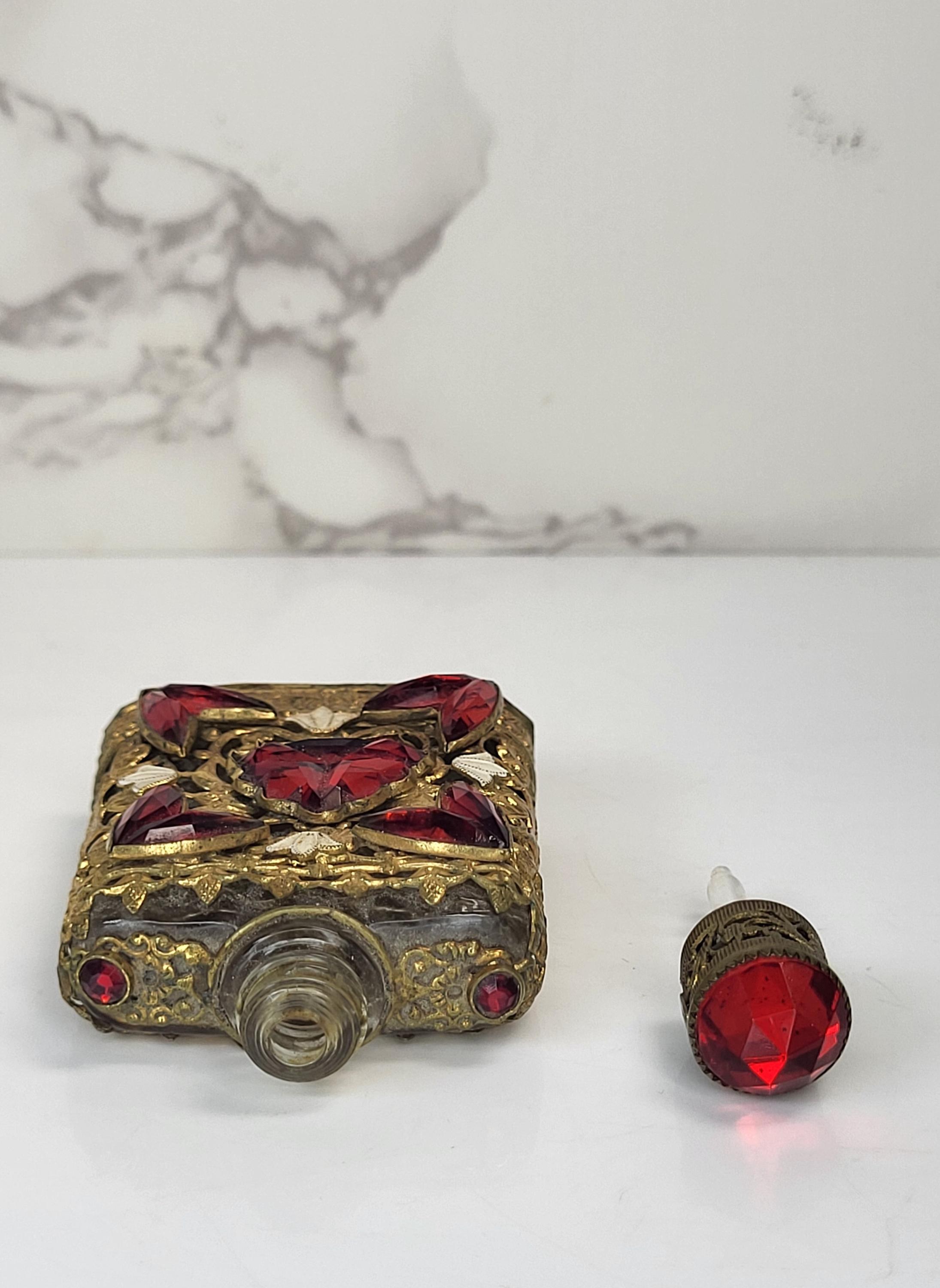 Vintage Czech Perfume Bottle, Red Glass Stones, Gold Filigree view 10
