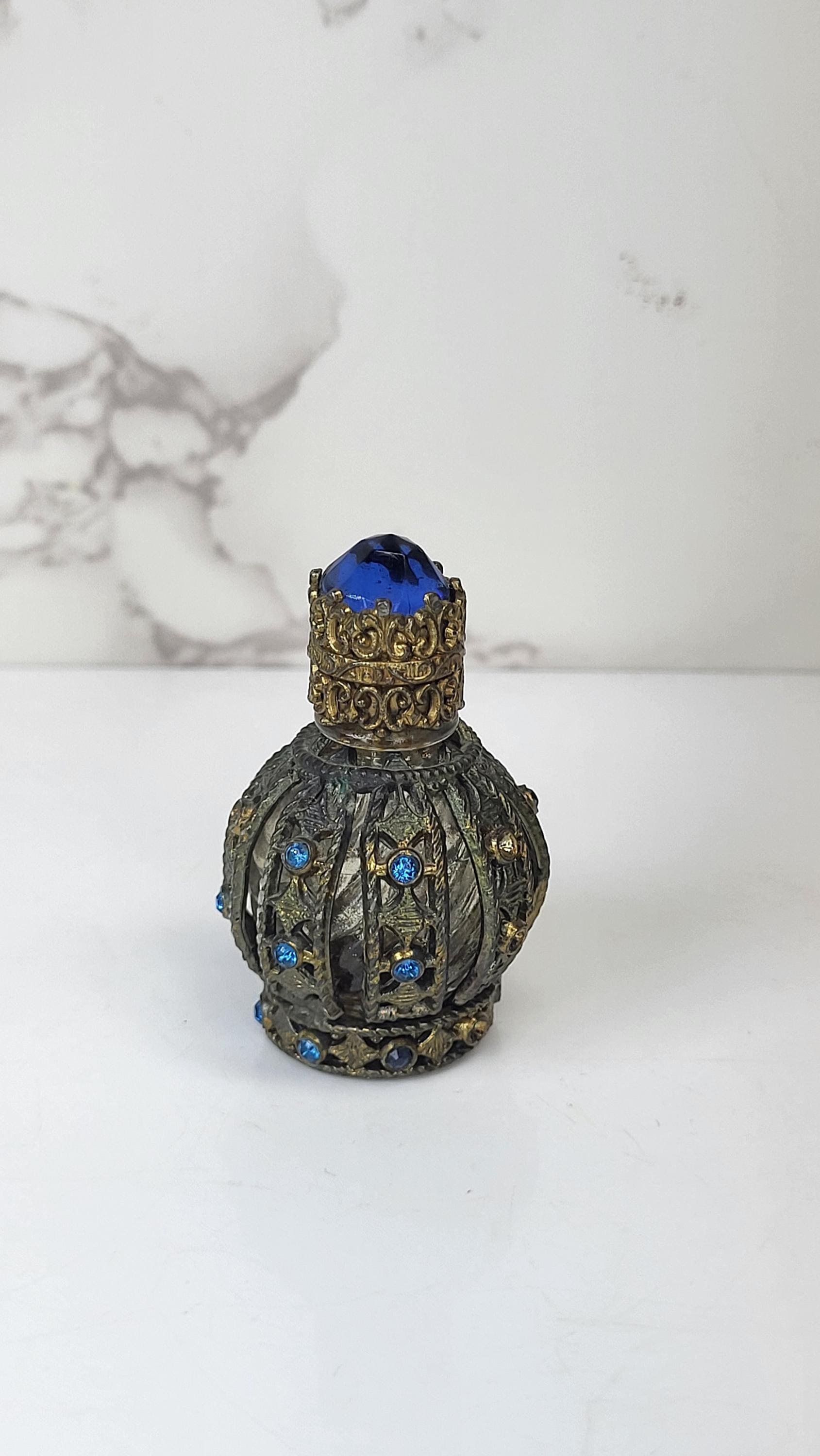 Vintage Irice Czech Perfume Bottle, Blue Rhinestone Filigree, Art Deco Vanity
