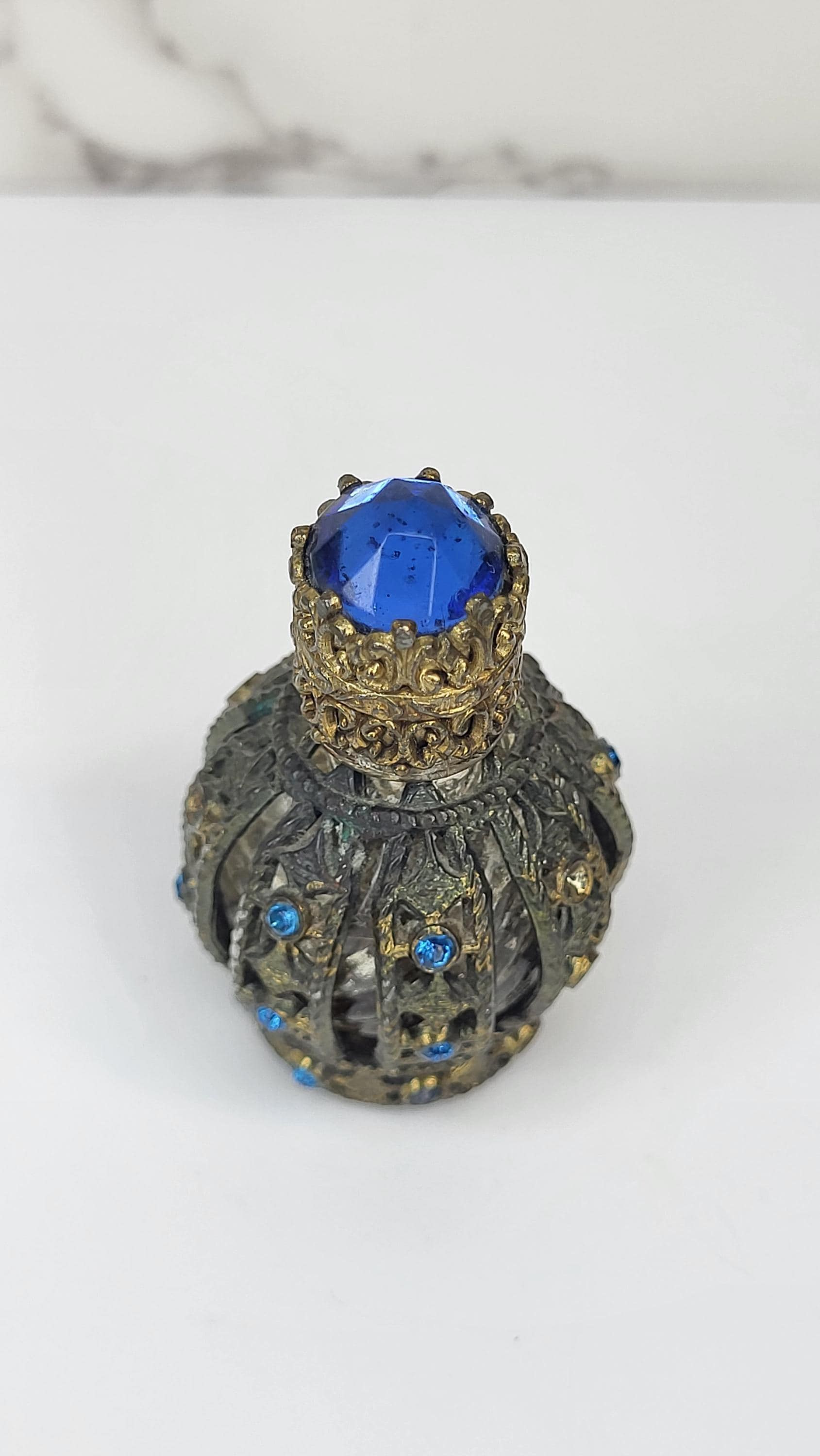 Vintage Irice Czech Perfume Bottle, Blue Rhinestone Filigree, Art Deco Vanity view 2