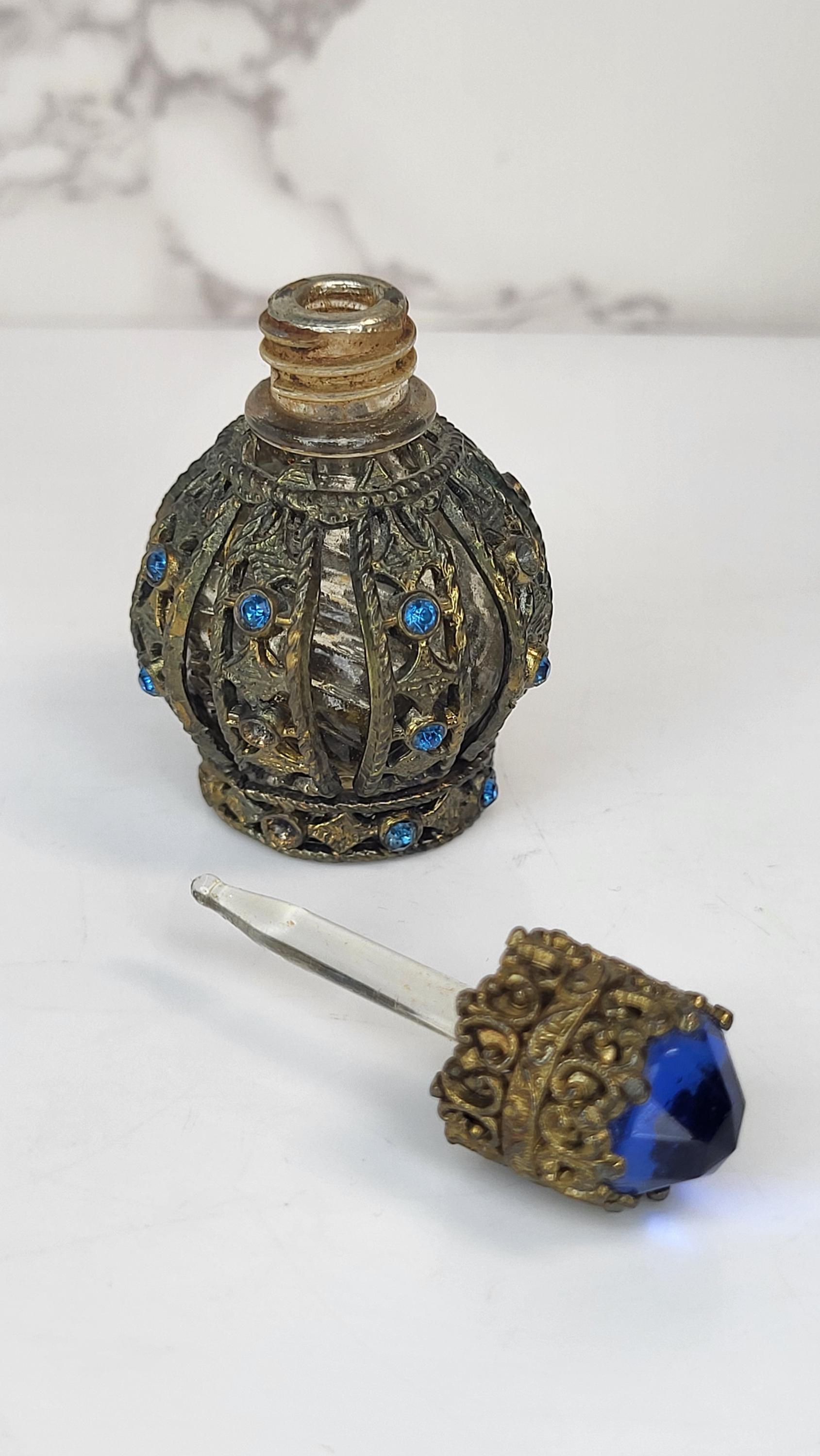 Vintage Irice Czech Perfume Bottle, Blue Rhinestone Filigree, Art Deco Vanity view 3