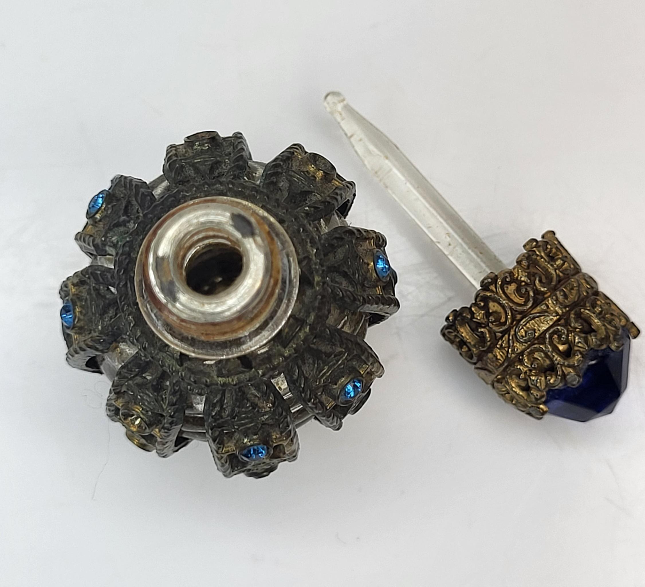 Vintage Irice Czech Perfume Bottle, Blue Rhinestone Filigree, Art Deco Vanity view 5