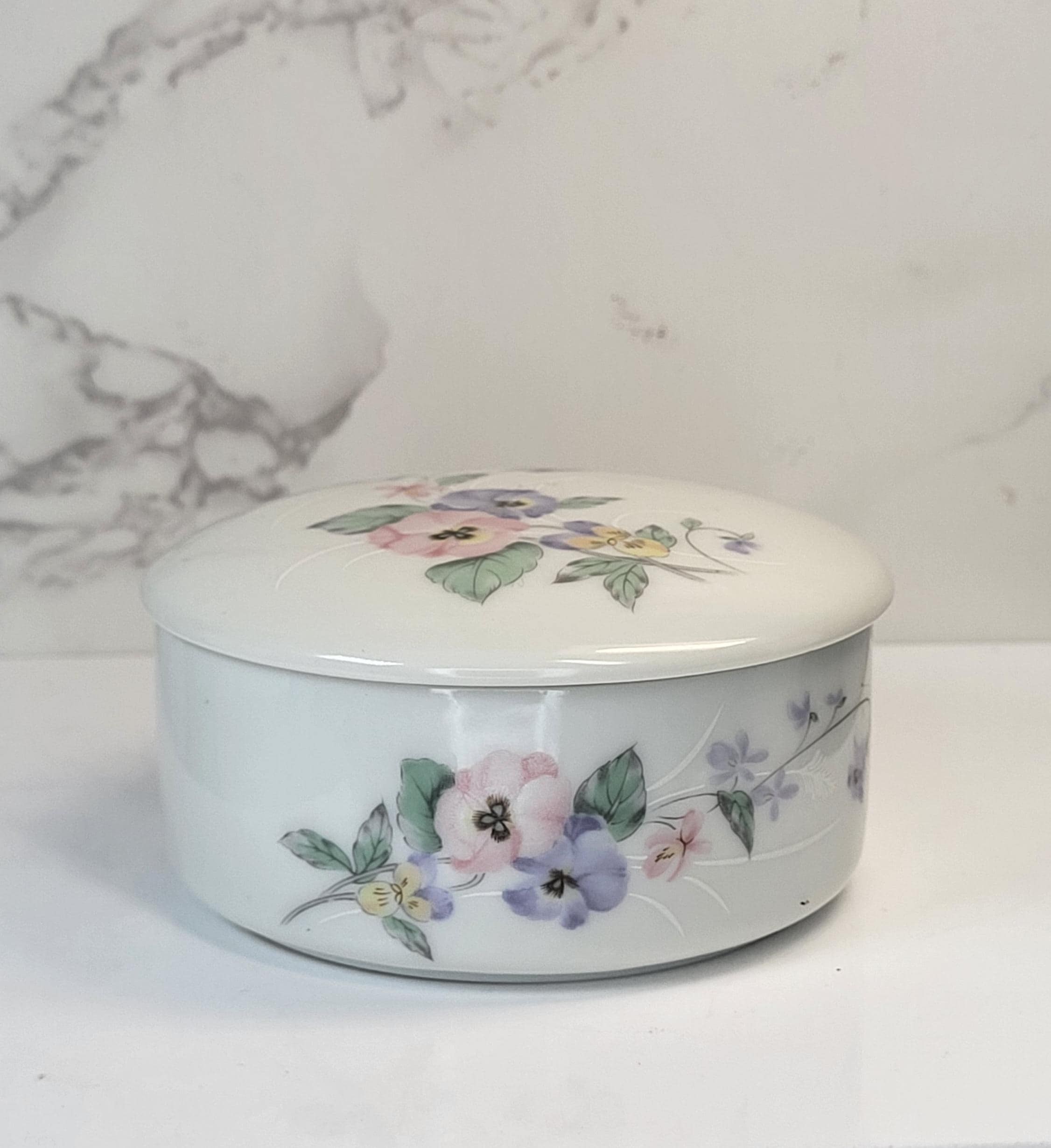 Vintage Russ Porcelain Trinket Box, Hand Painted Pansy Floral, Cottagecore Decor