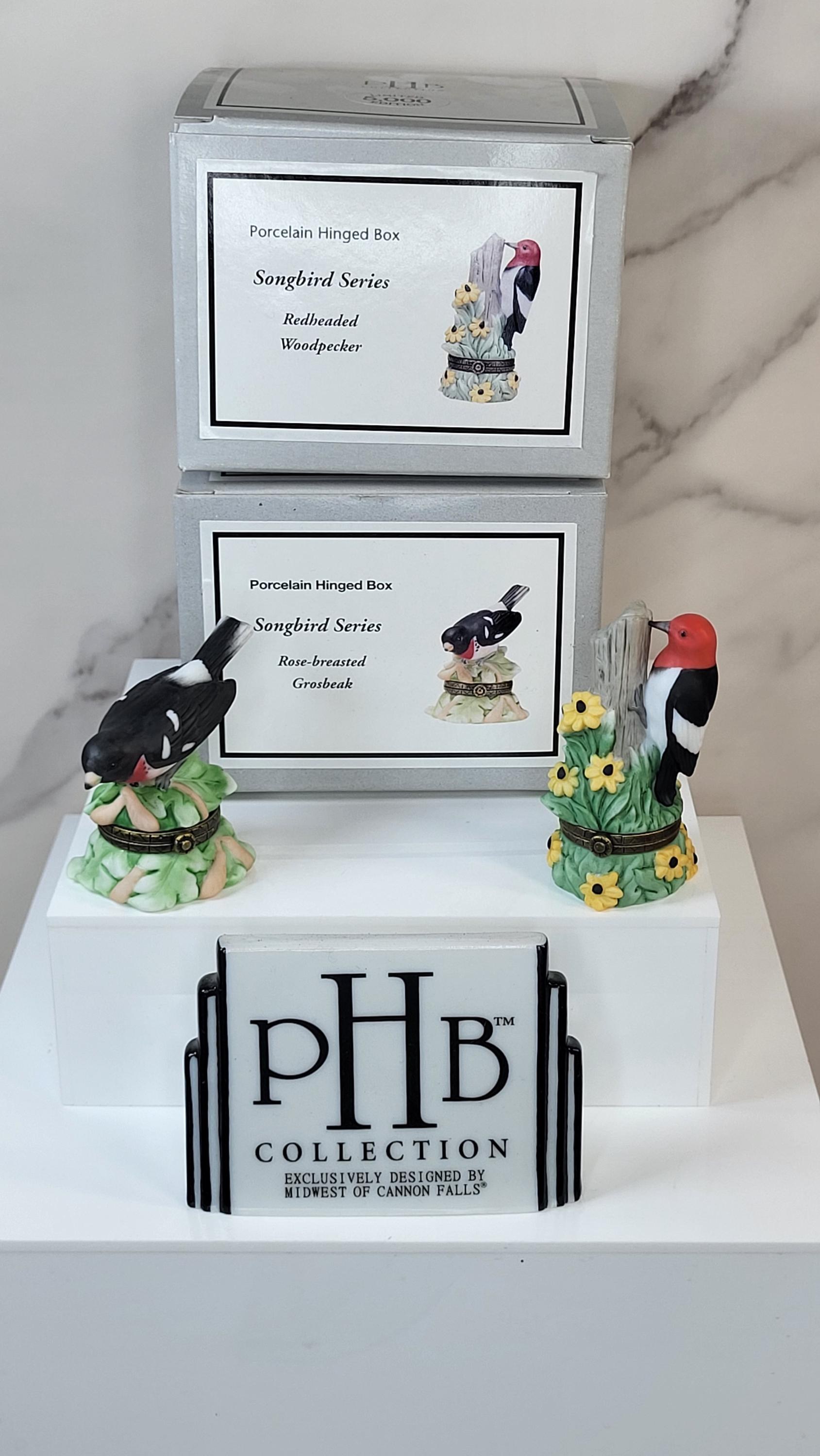 Songbird Series Porcelain Hinged Boxes - Redheaded Woodpecker & Grosbeak