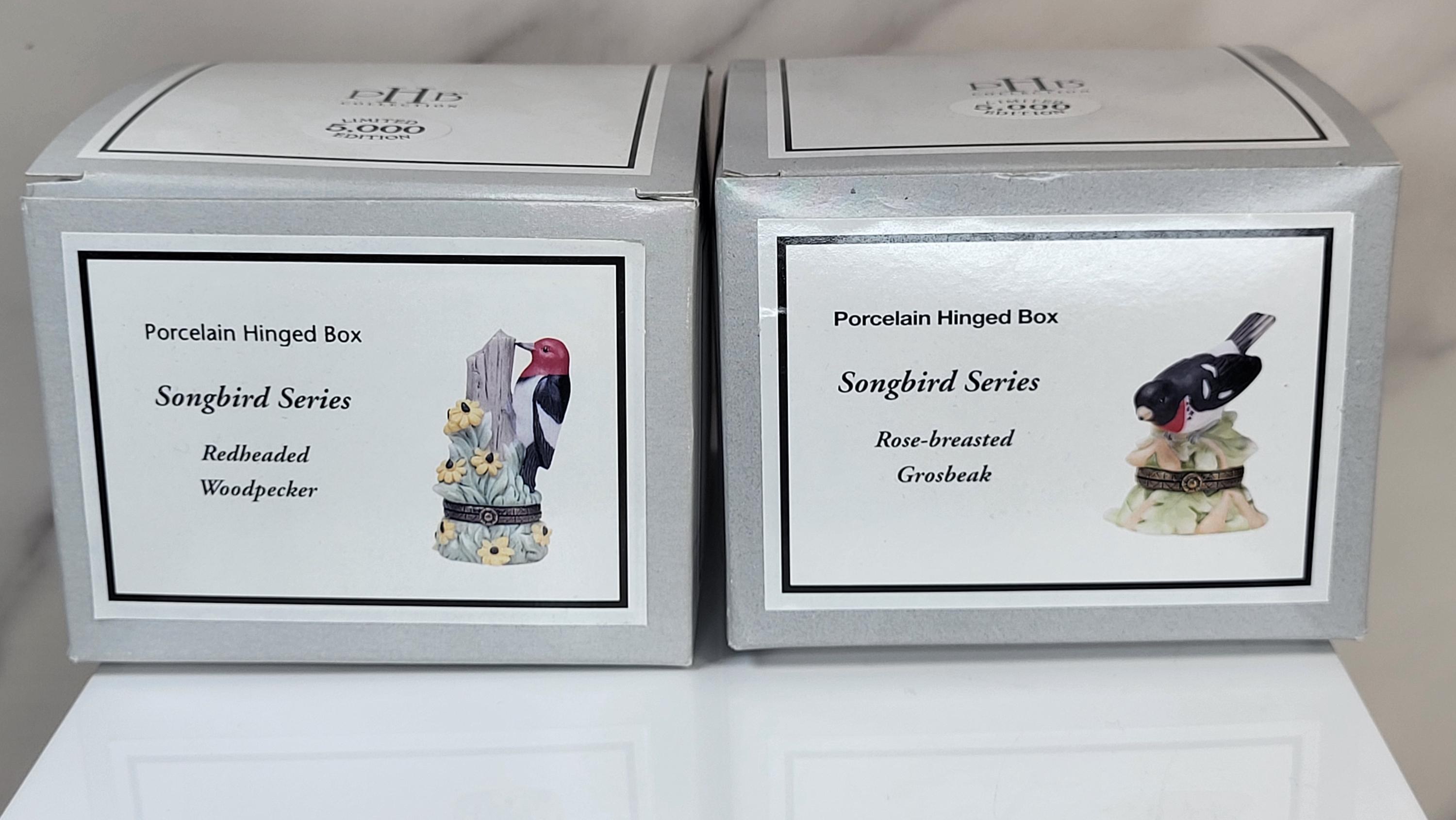 Songbird Series Porcelain Hinged Boxes - Redheaded Woodpecker & Grosbeak view 12