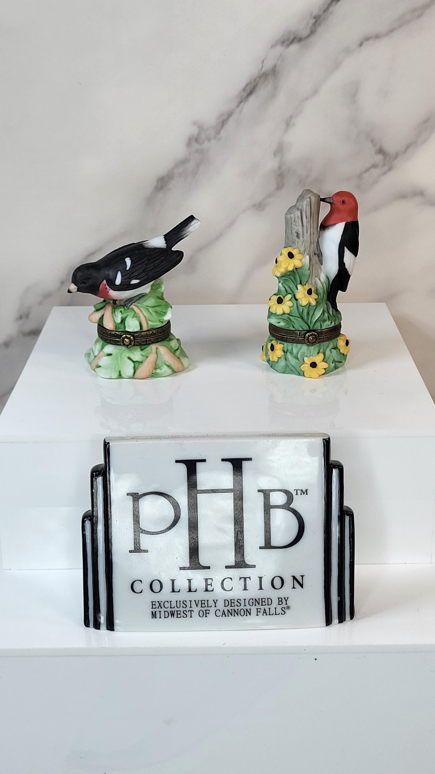Songbird Series Porcelain Hinged Boxes - Redheaded Woodpecker & Grosbeak view 3