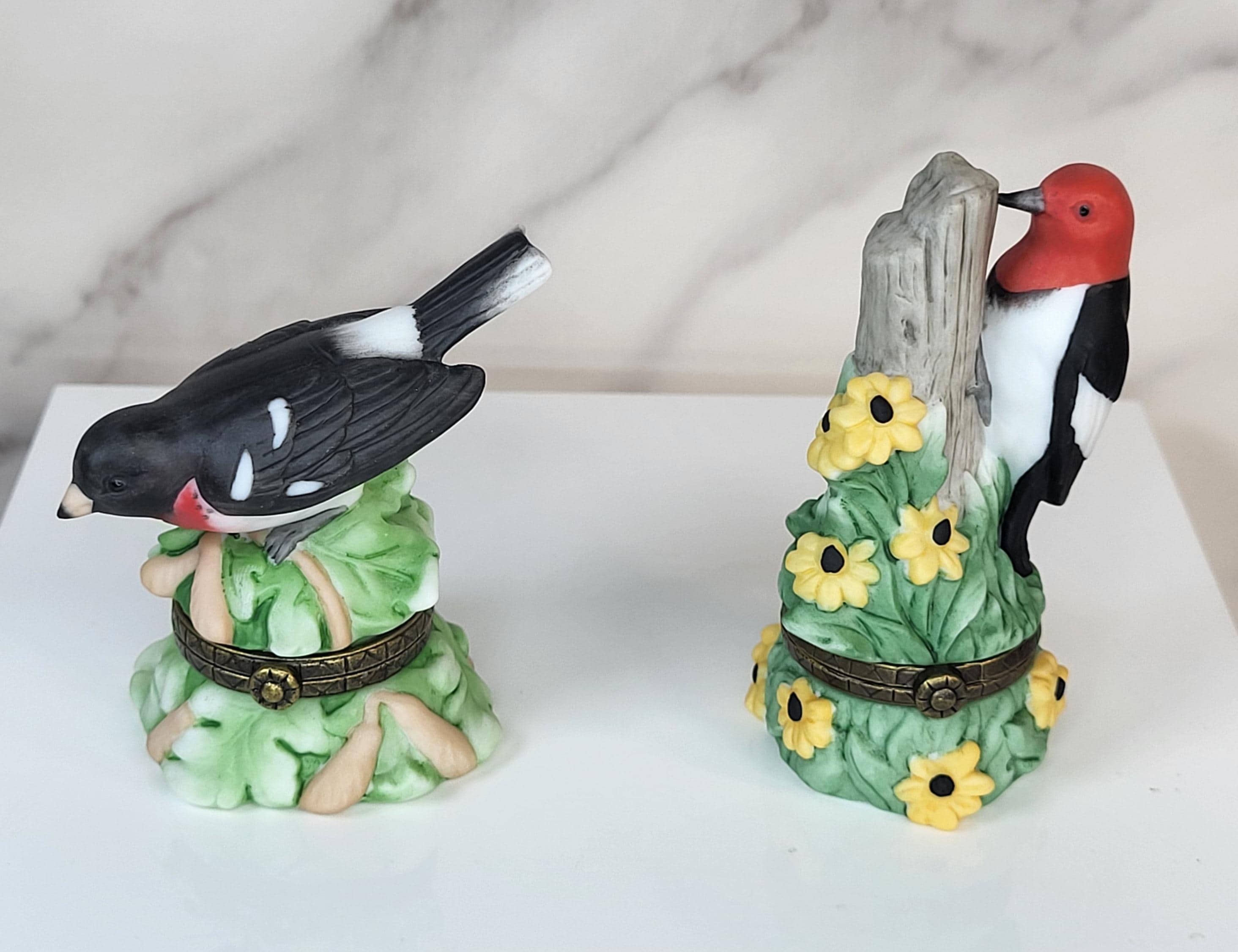 Songbird Series Porcelain Hinged Boxes - Redheaded Woodpecker & Grosbeak view 4