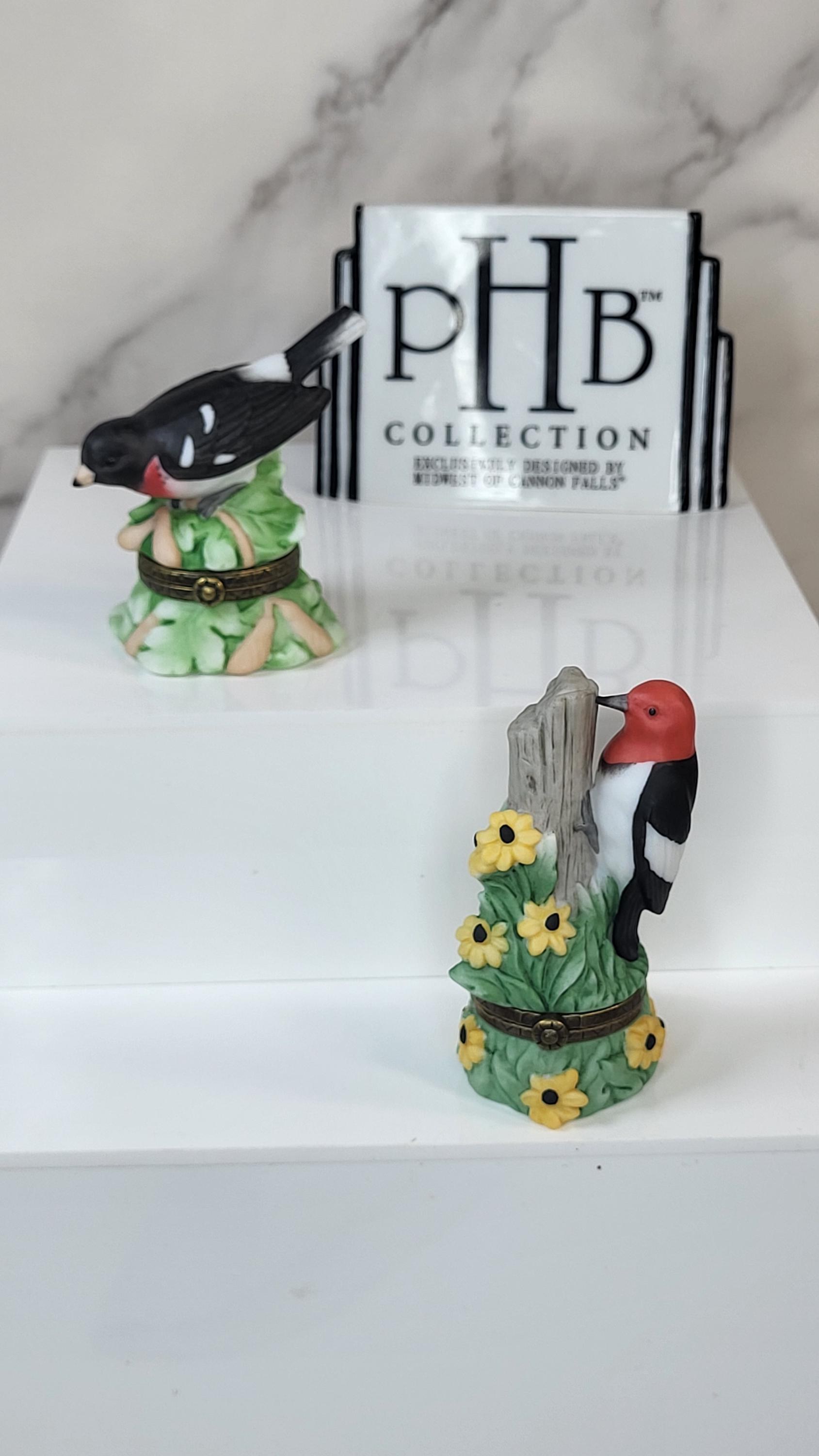 Songbird Series Porcelain Hinged Boxes - Redheaded Woodpecker & Grosbeak view 5