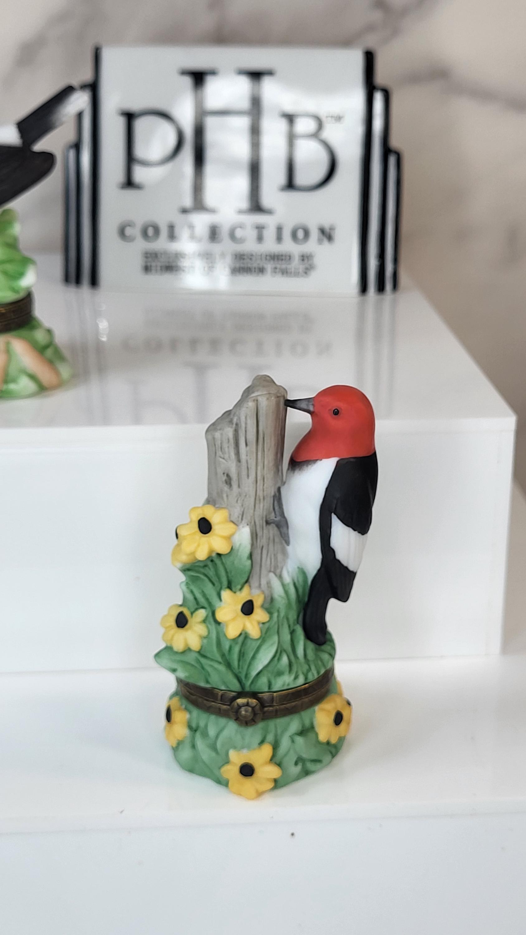 Songbird Series Porcelain Hinged Boxes - Redheaded Woodpecker & Grosbeak view 6