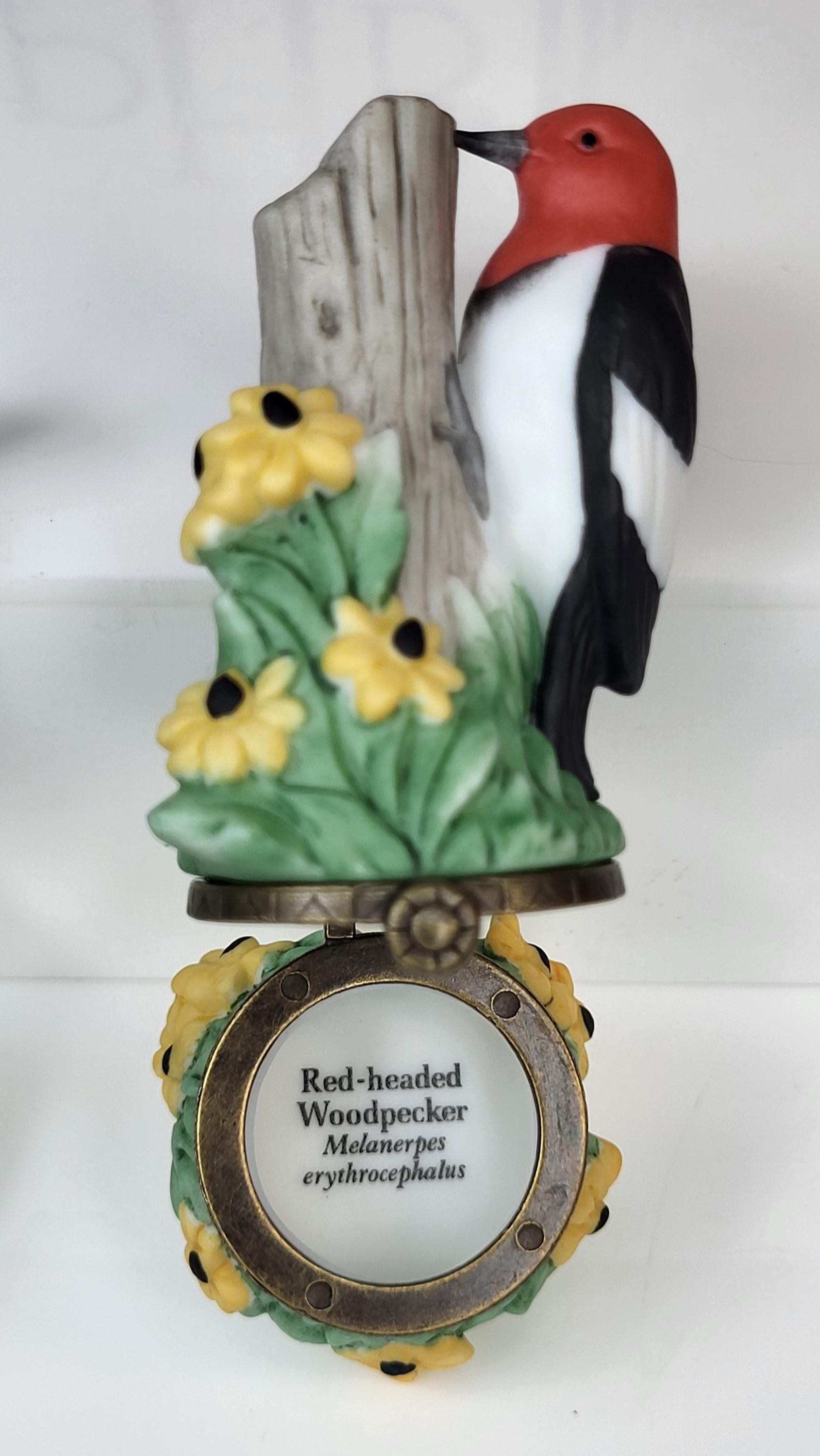 Songbird Series Porcelain Hinged Boxes - Redheaded Woodpecker & Grosbeak view 9