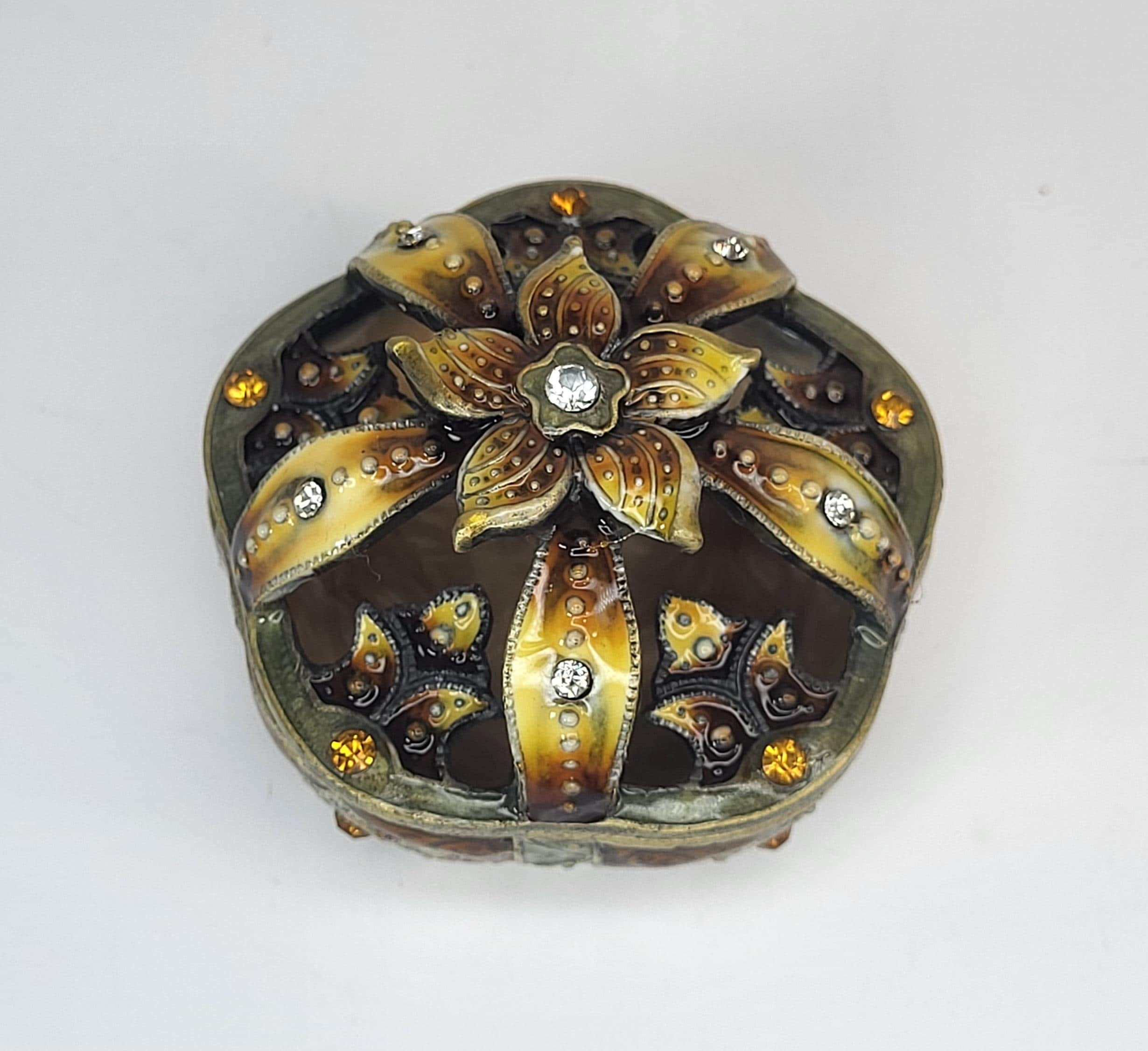 Vintage Two's Company Trinket Box - Enameled Floral Jewelry Dish with Austrian Crystals