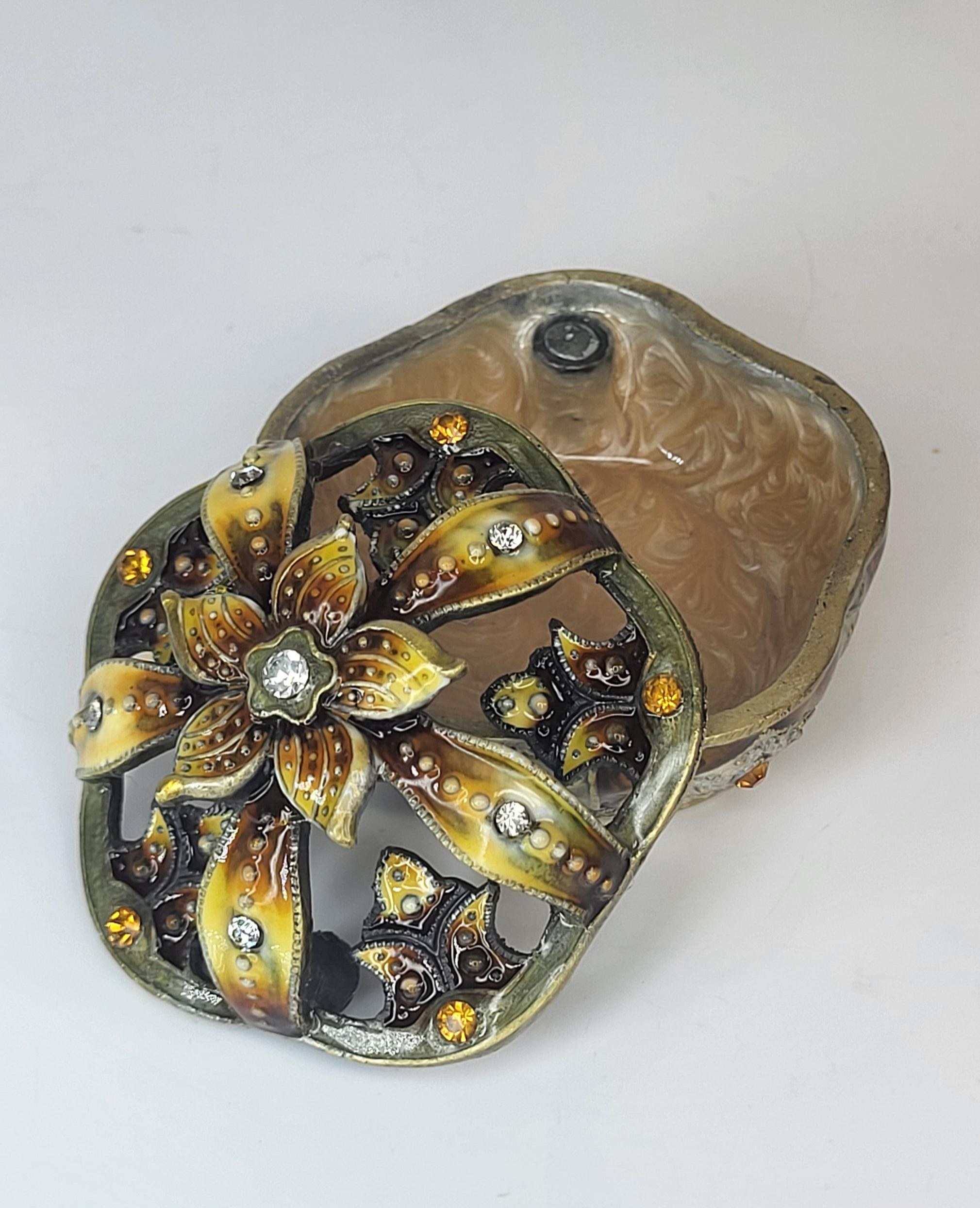 Vintage Two's Company Trinket Box - Enameled Floral Jewelry Dish with Austrian Crystals view 3