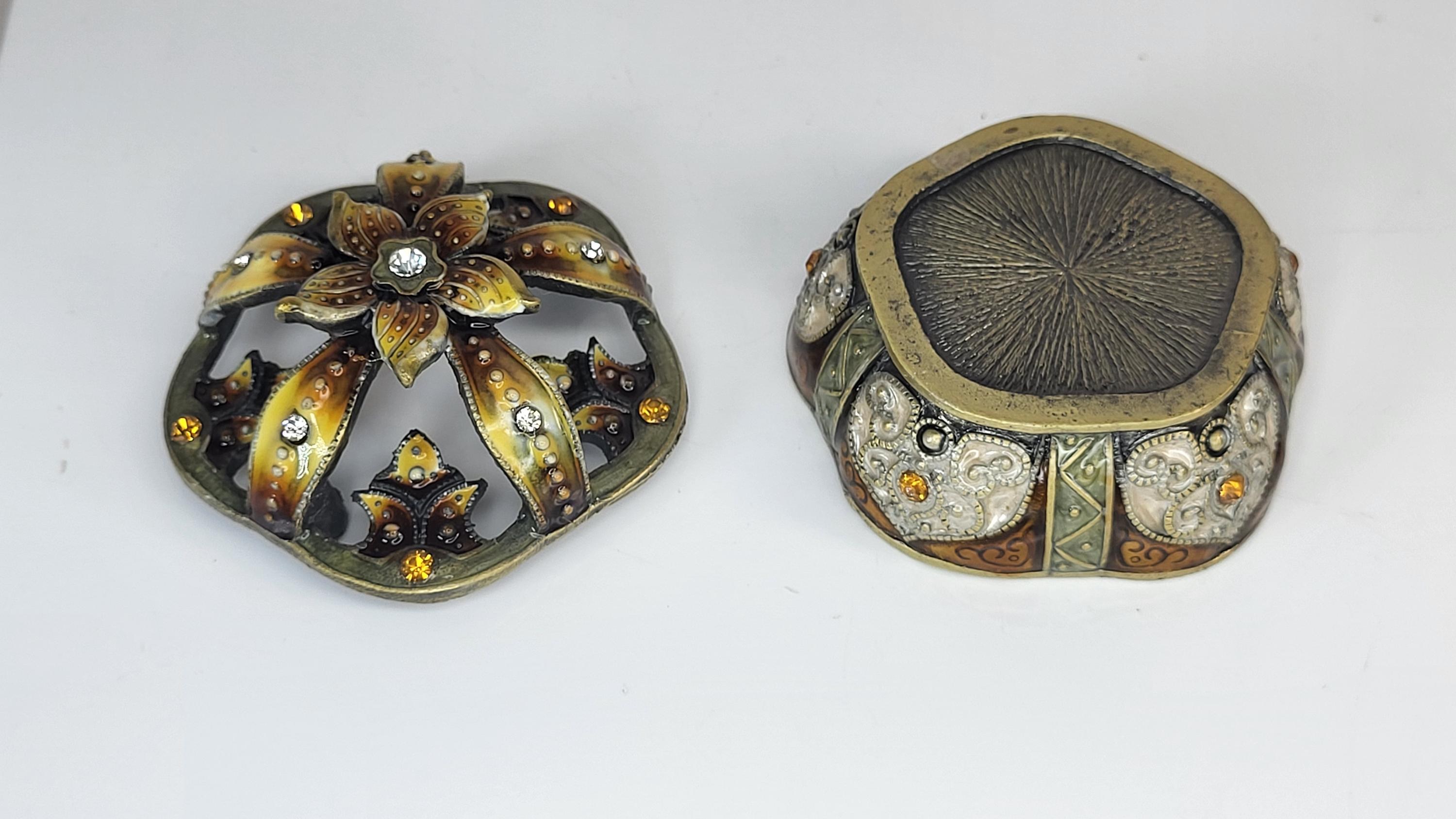 Vintage Two's Company Trinket Box - Enameled Floral Jewelry Dish with Austrian Crystals view 4
