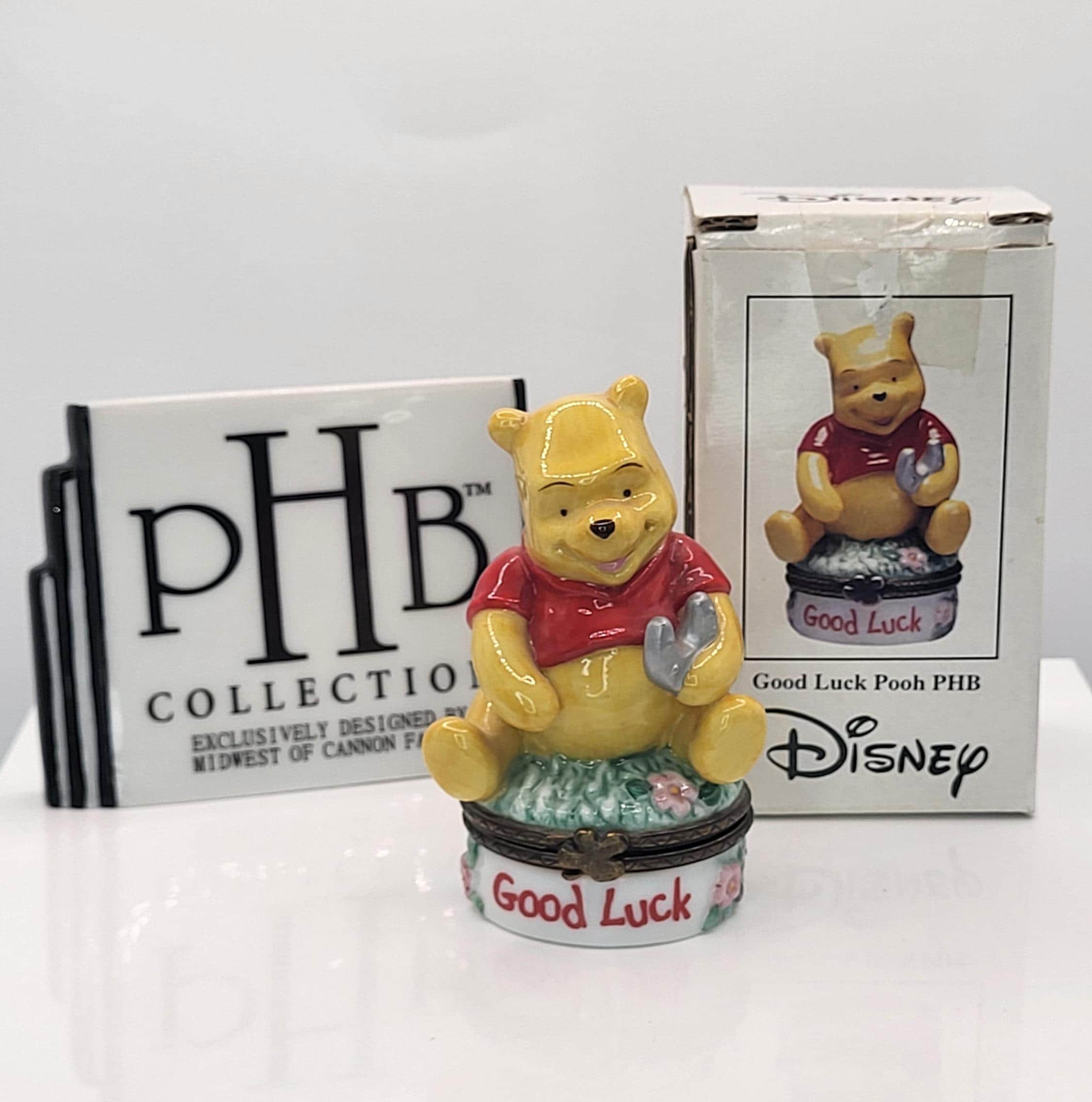 Official Disney Winnie the Pooh PHB Porcelain Hinged Trinket Box - Good Luck Pooh with Horseshoe Figurine - Vintage Disney Collectible