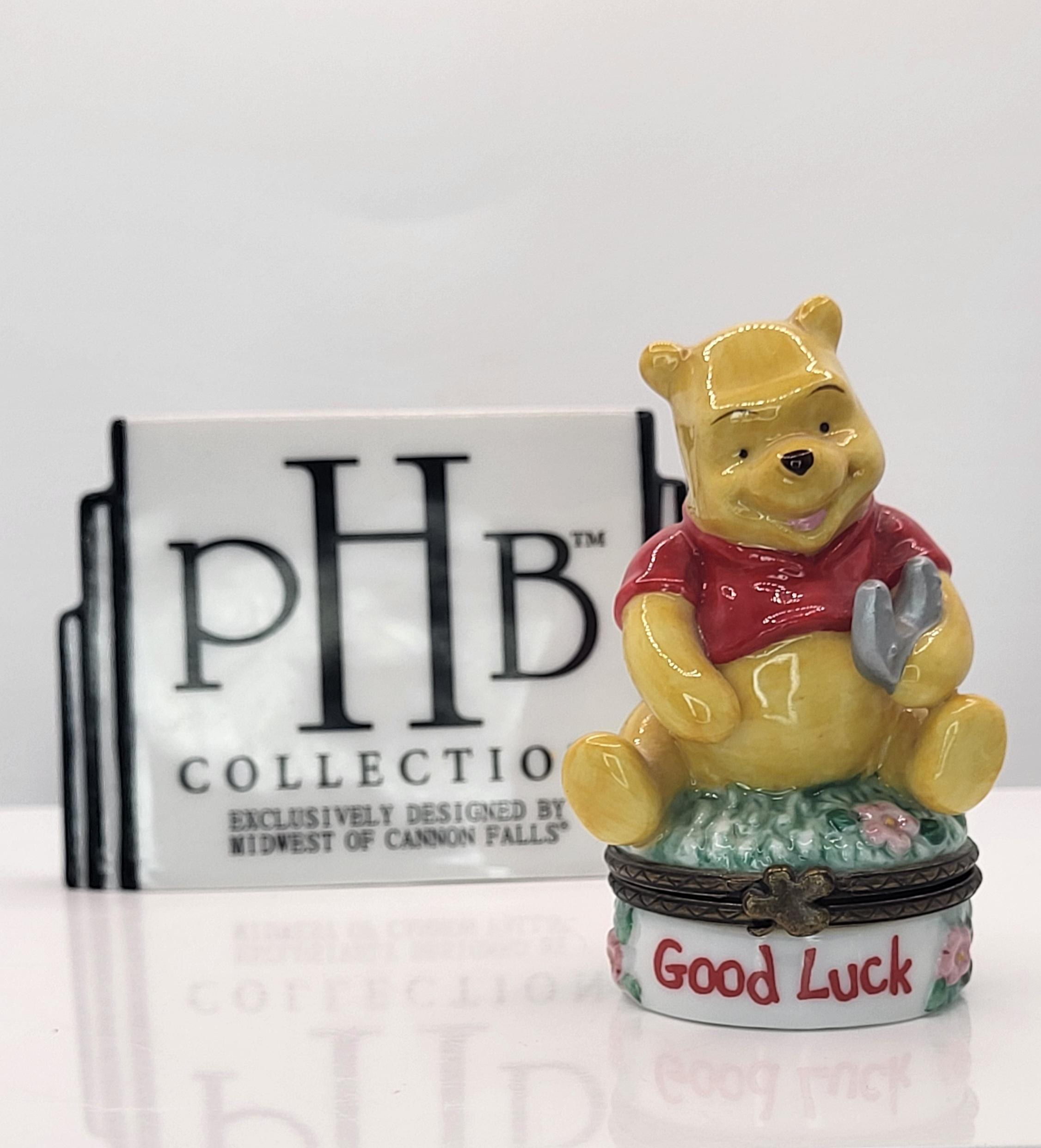 Official Disney Winnie the Pooh PHB Porcelain Hinged Trinket Box - Good Luck Pooh with Horseshoe Figurine - Vintage Disney Collectible view 2