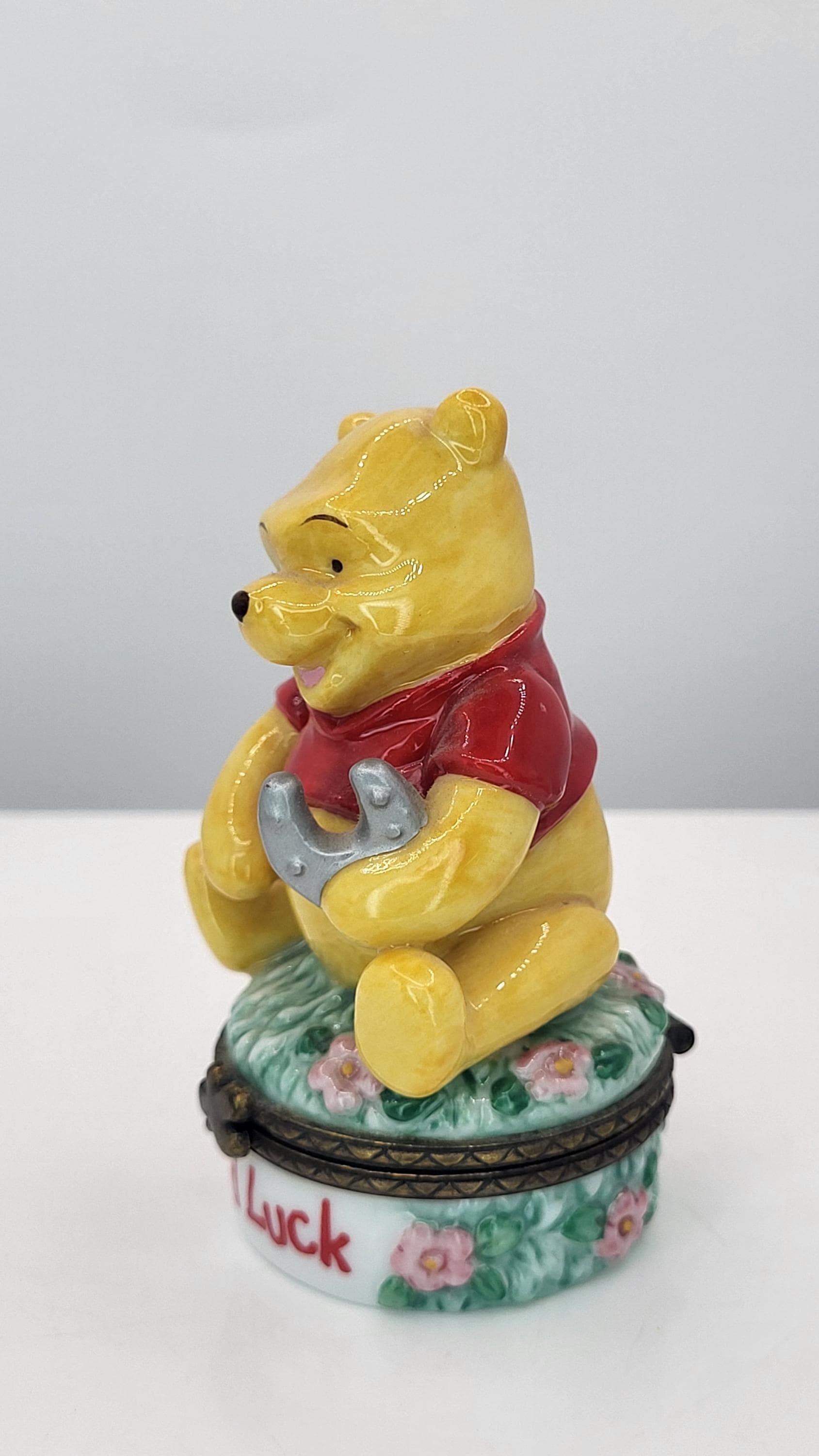 Official Disney Winnie the Pooh PHB Porcelain Hinged Trinket Box - Good Luck Pooh with Horseshoe Figurine - Vintage Disney Collectible view 3