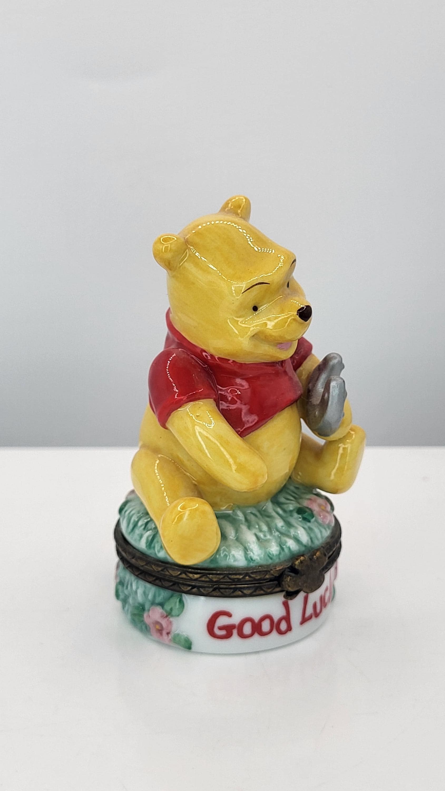 Official Disney Winnie the Pooh PHB Porcelain Hinged Trinket Box - Good Luck Pooh with Horseshoe Figurine - Vintage Disney Collectible view 4
