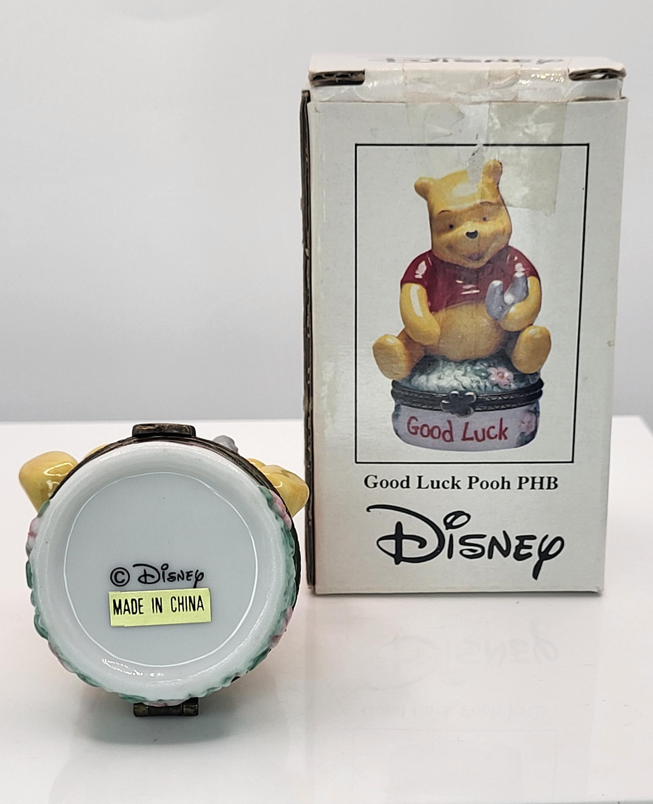 Official Disney Winnie the Pooh PHB Porcelain Hinged Trinket Box - Good Luck Pooh with Horseshoe Figurine - Vintage Disney Collectible view 7