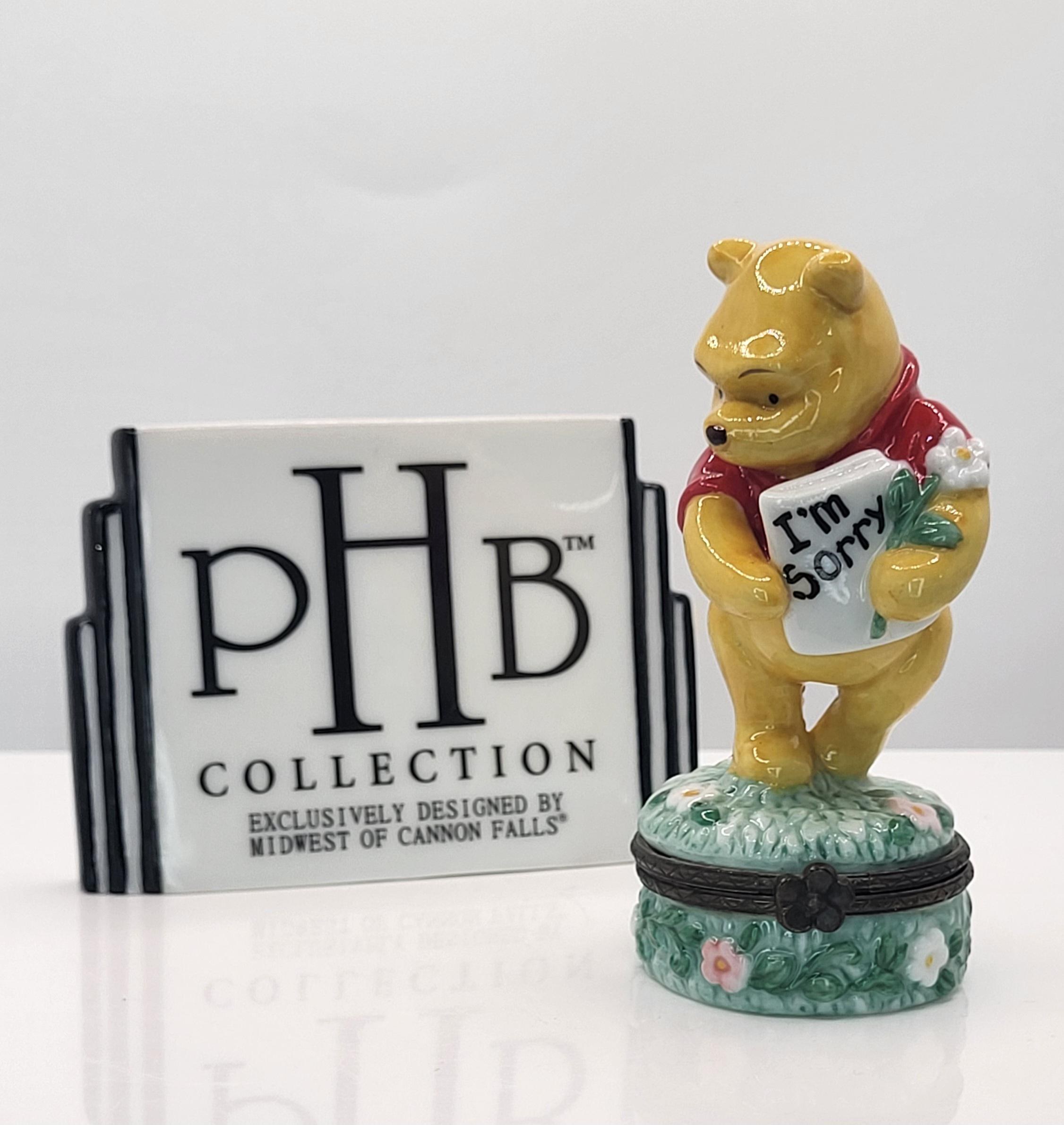 Vintage Disney Classic Winnie the Pooh PHB Porcelain Hinged Trinket Box -"I'm Sorry" Apology Figurine with Flowers - Midwest of Cannon Falls view 2