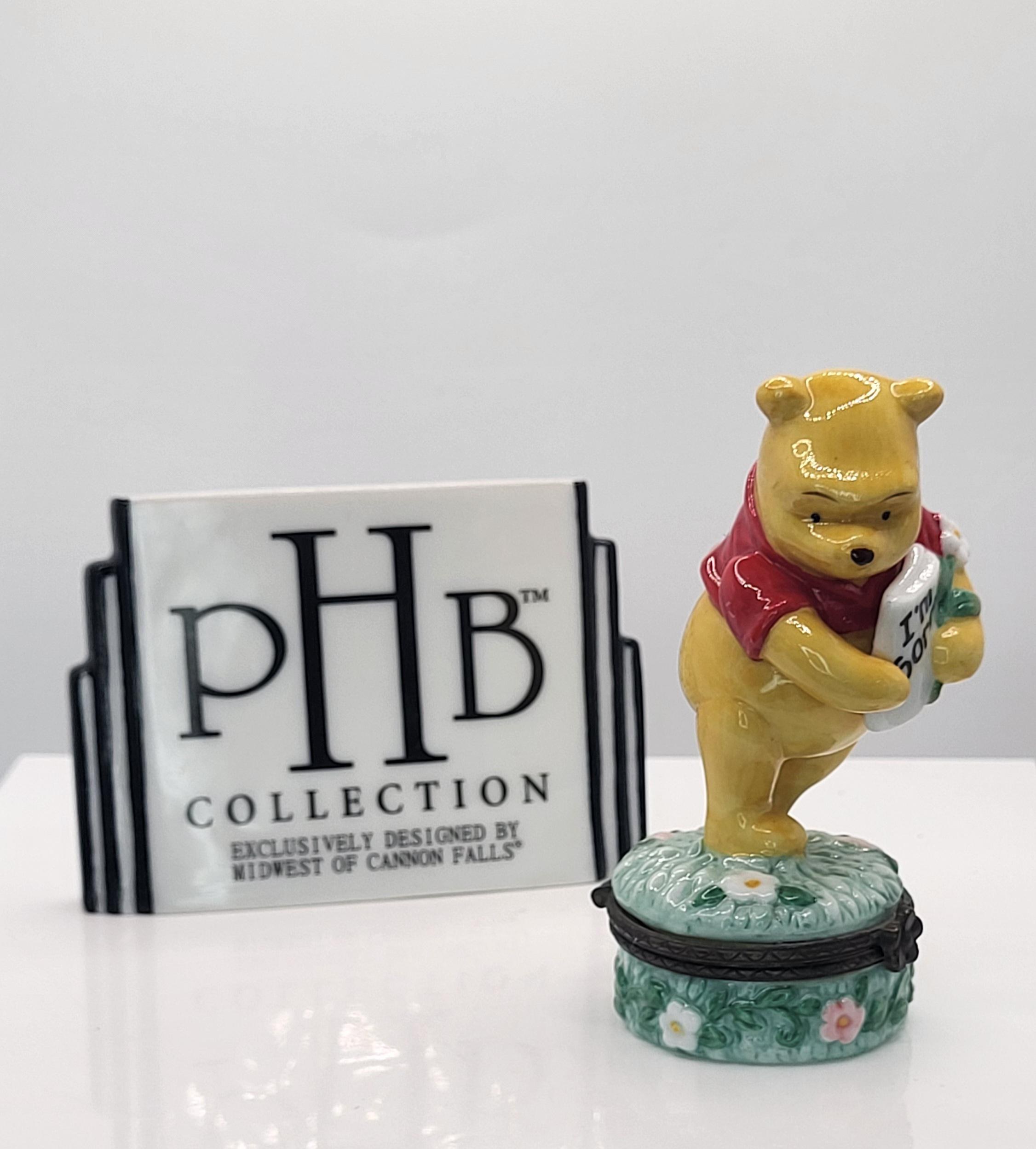 Vintage Disney Classic Winnie the Pooh PHB Porcelain Hinged Trinket Box -"I'm Sorry" Apology Figurine with Flowers - Midwest of Cannon Falls view 3