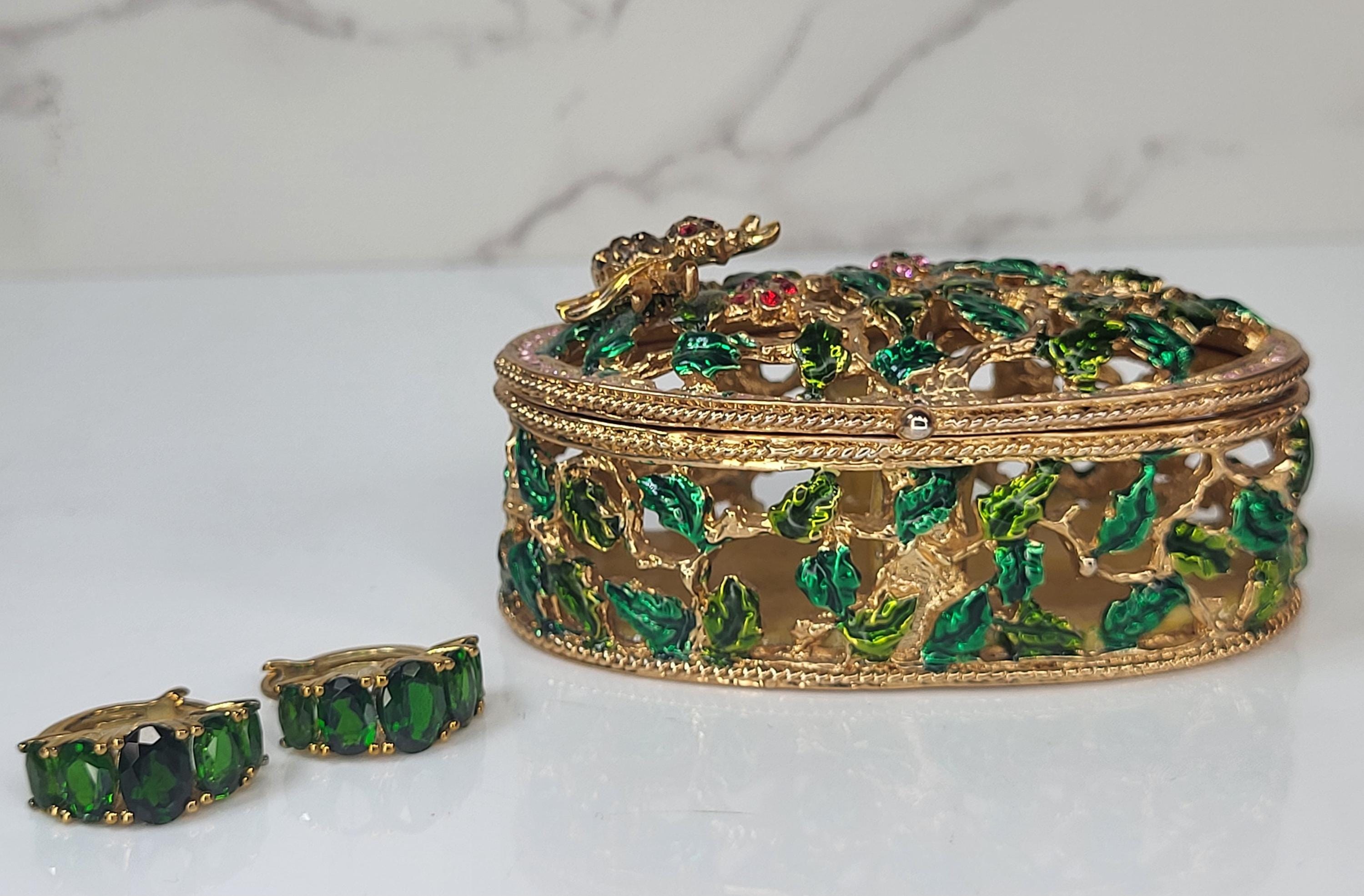 Siberian Chrome Diopside Gold Earrings, Vintage Enameled Ivy Trinket Box Set view 4