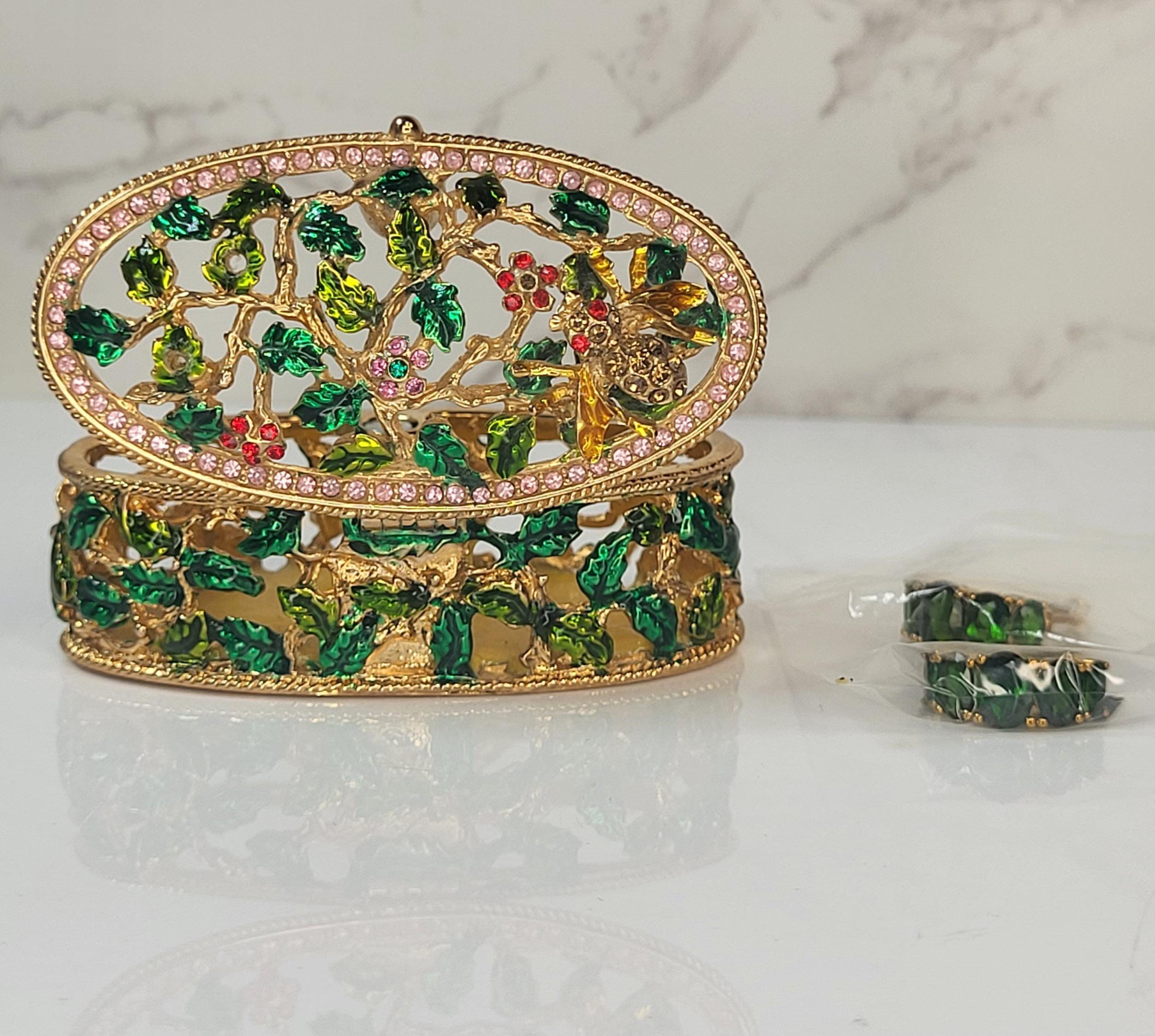 Siberian Chrome Diopside Gold Earrings, Vintage Enameled Ivy Trinket Box Set view 5