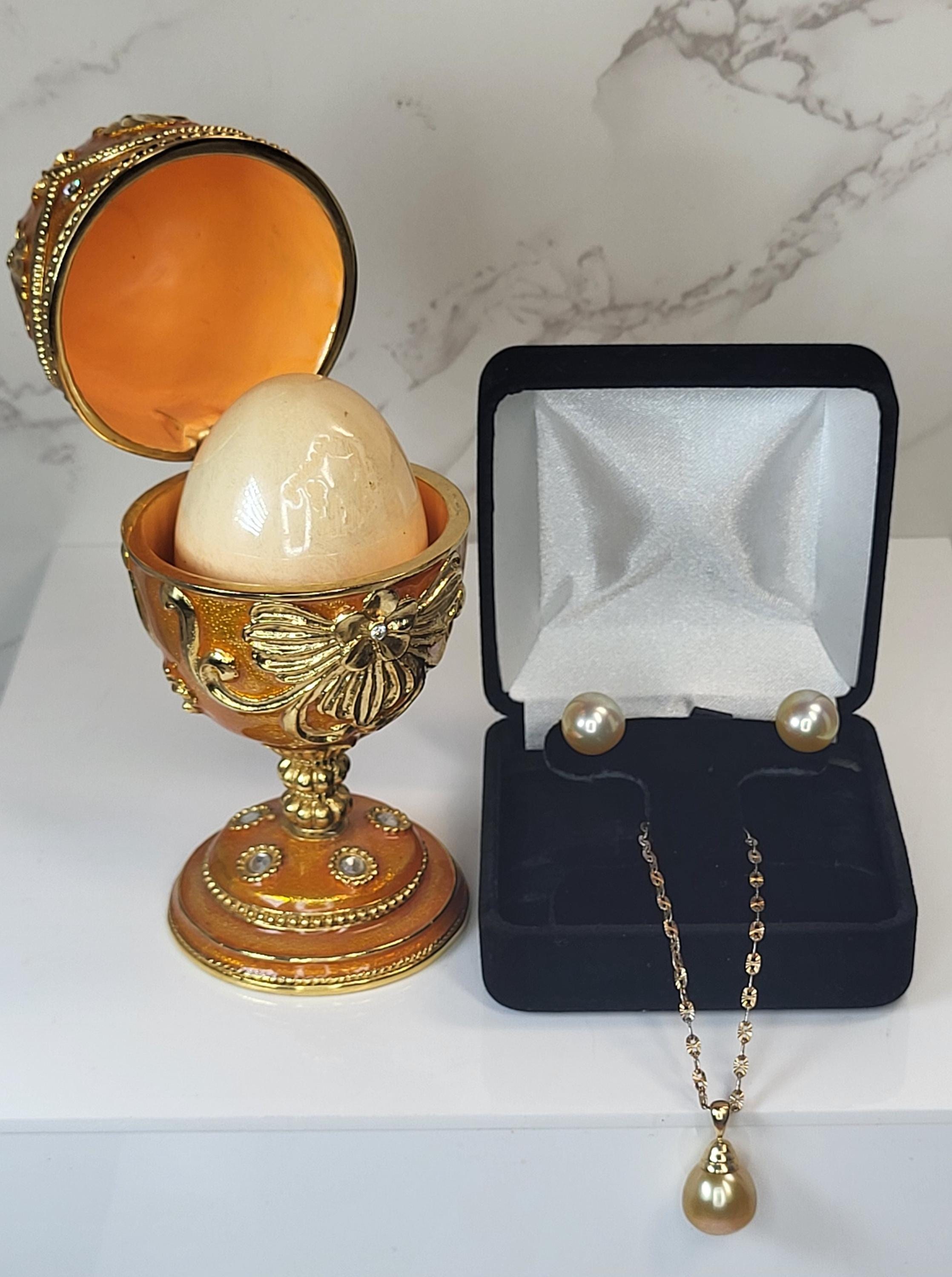 14k Gold South Sea Pearl Necklace Earrings Set, Orange Fabergé Style Egg Trinket Box