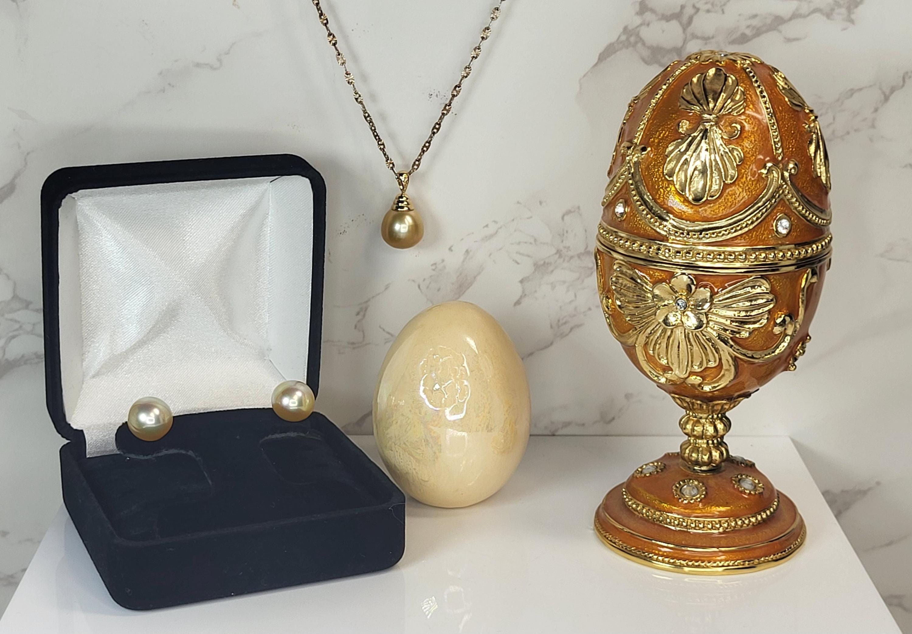 14k Gold South Sea Pearl Necklace Earrings Set, Orange Fabergé Style Egg Trinket Box view 2
