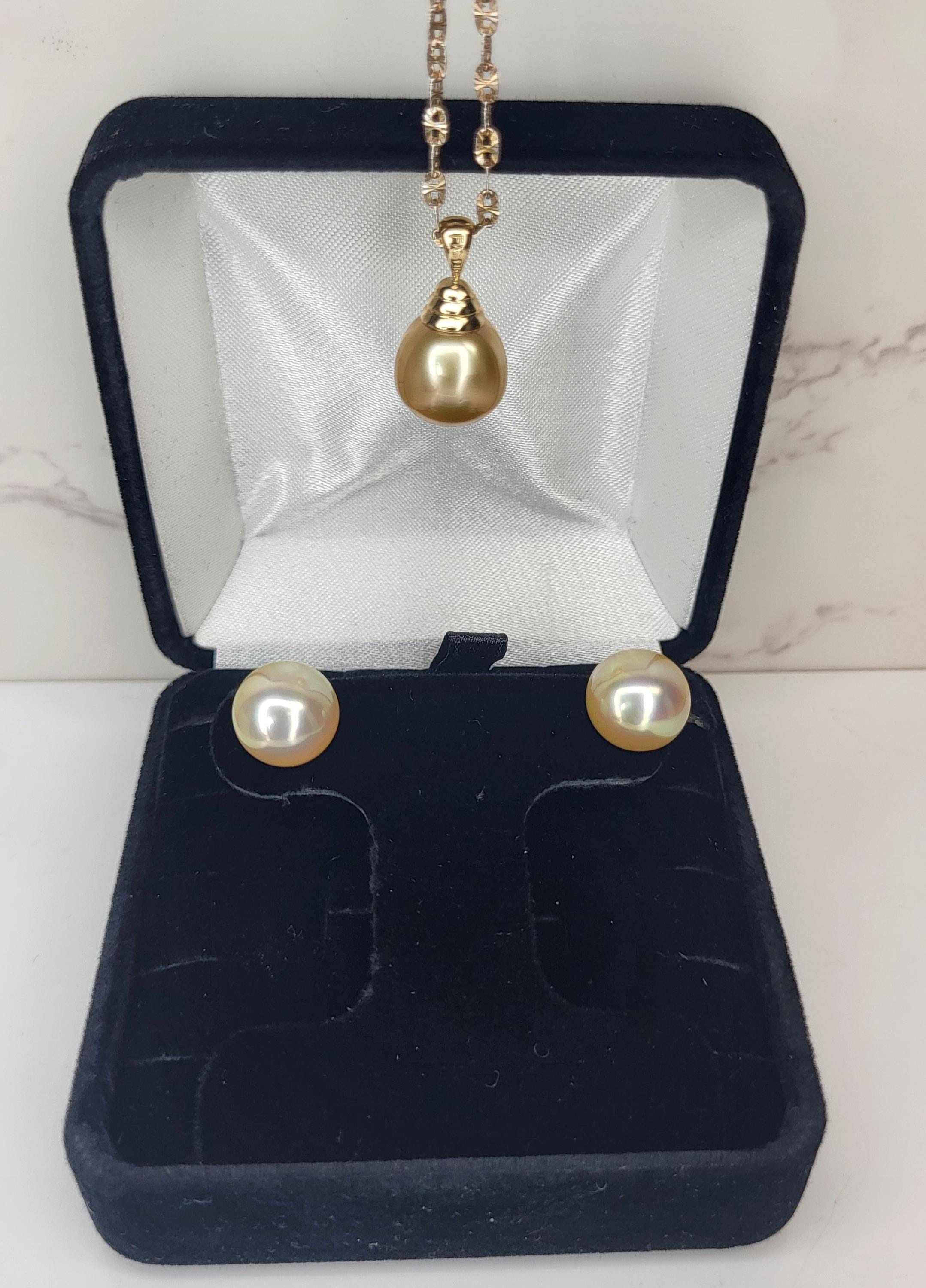 14k Gold South Sea Pearl Necklace Earrings Set, Orange Fabergé Style Egg Trinket Box view 13