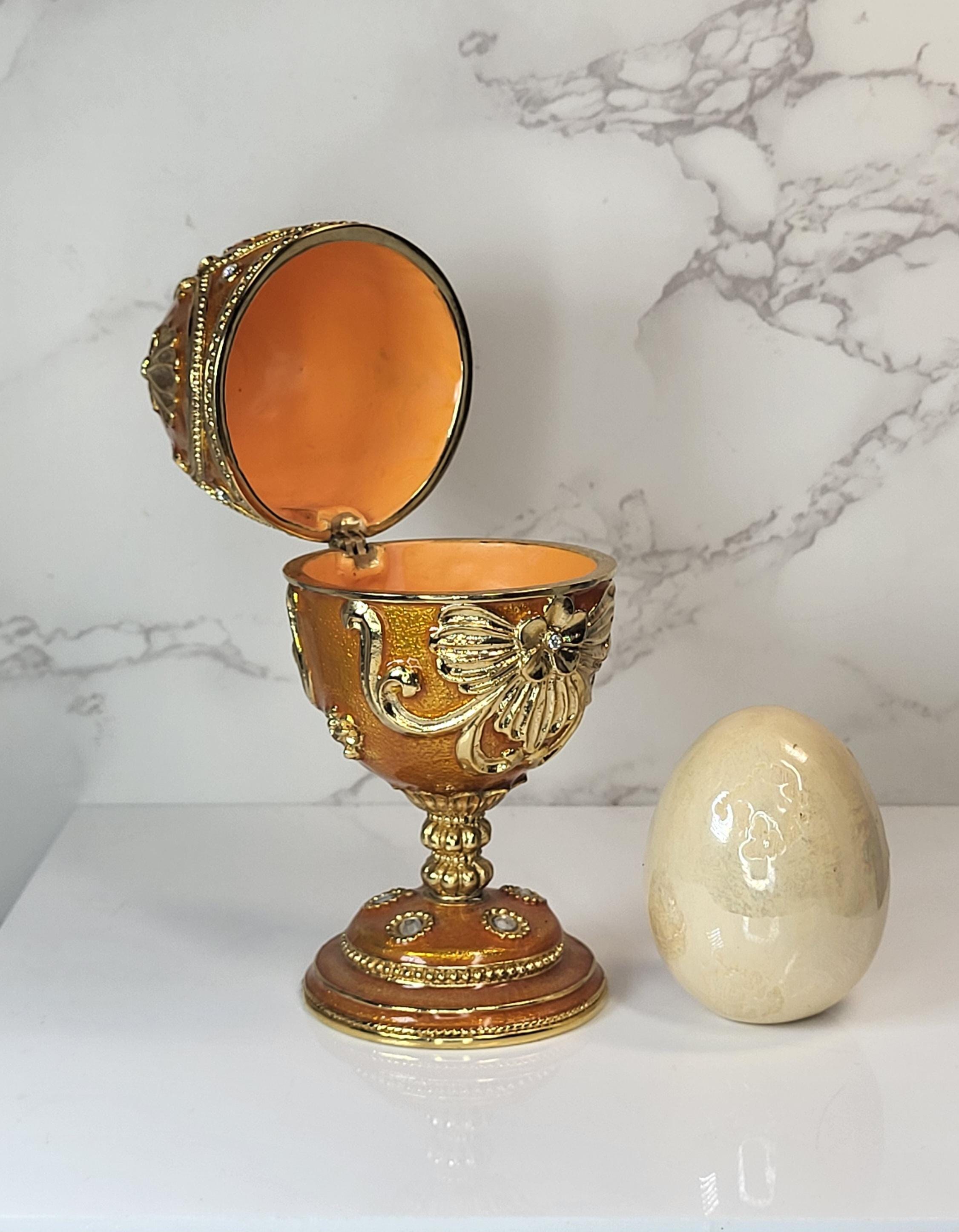 14k Gold South Sea Pearl Necklace Earrings Set, Orange Fabergé Style Egg Trinket Box view 4