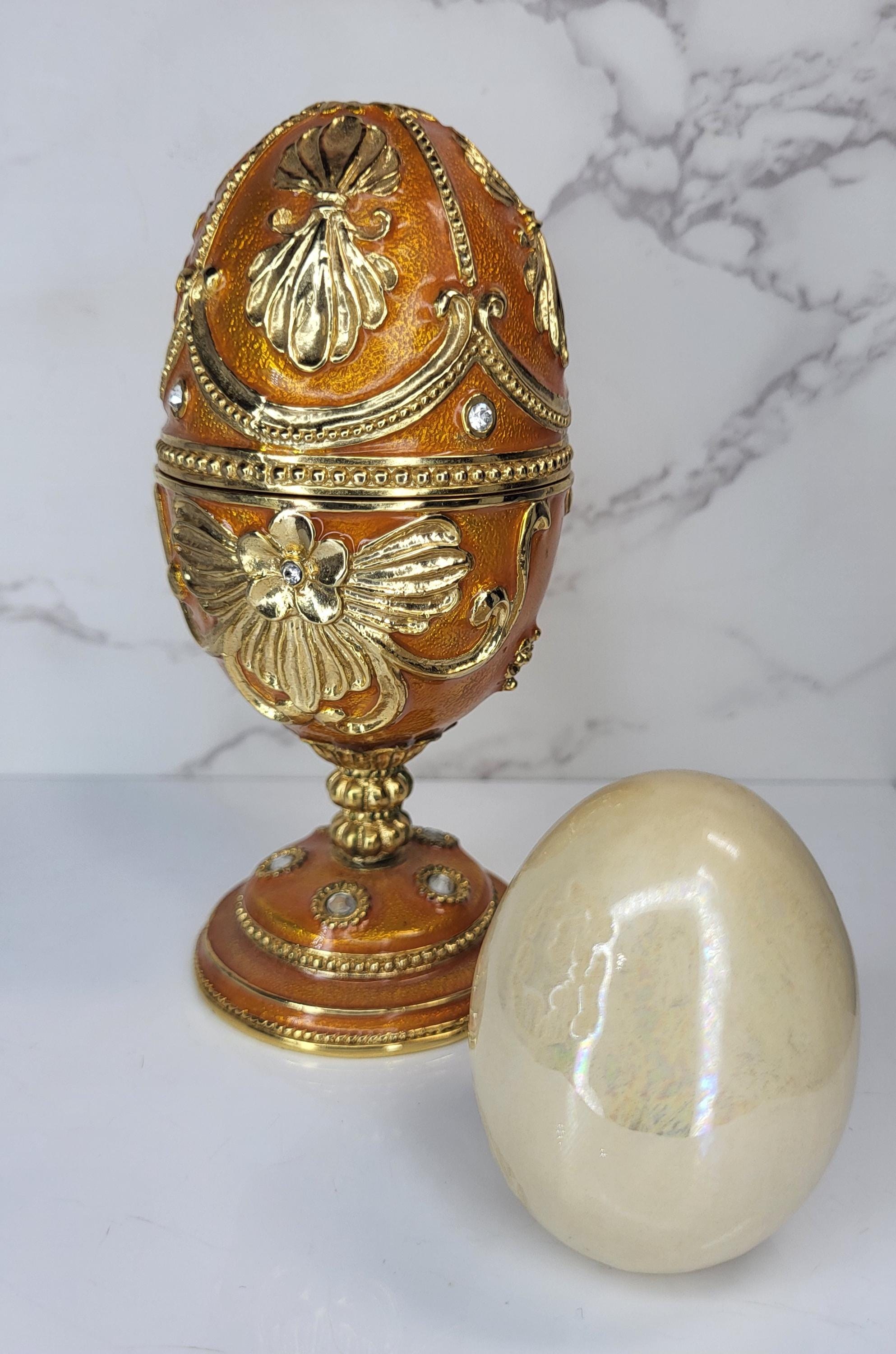 14k Gold South Sea Pearl Necklace Earrings Set, Orange Fabergé Style Egg Trinket Box view 7