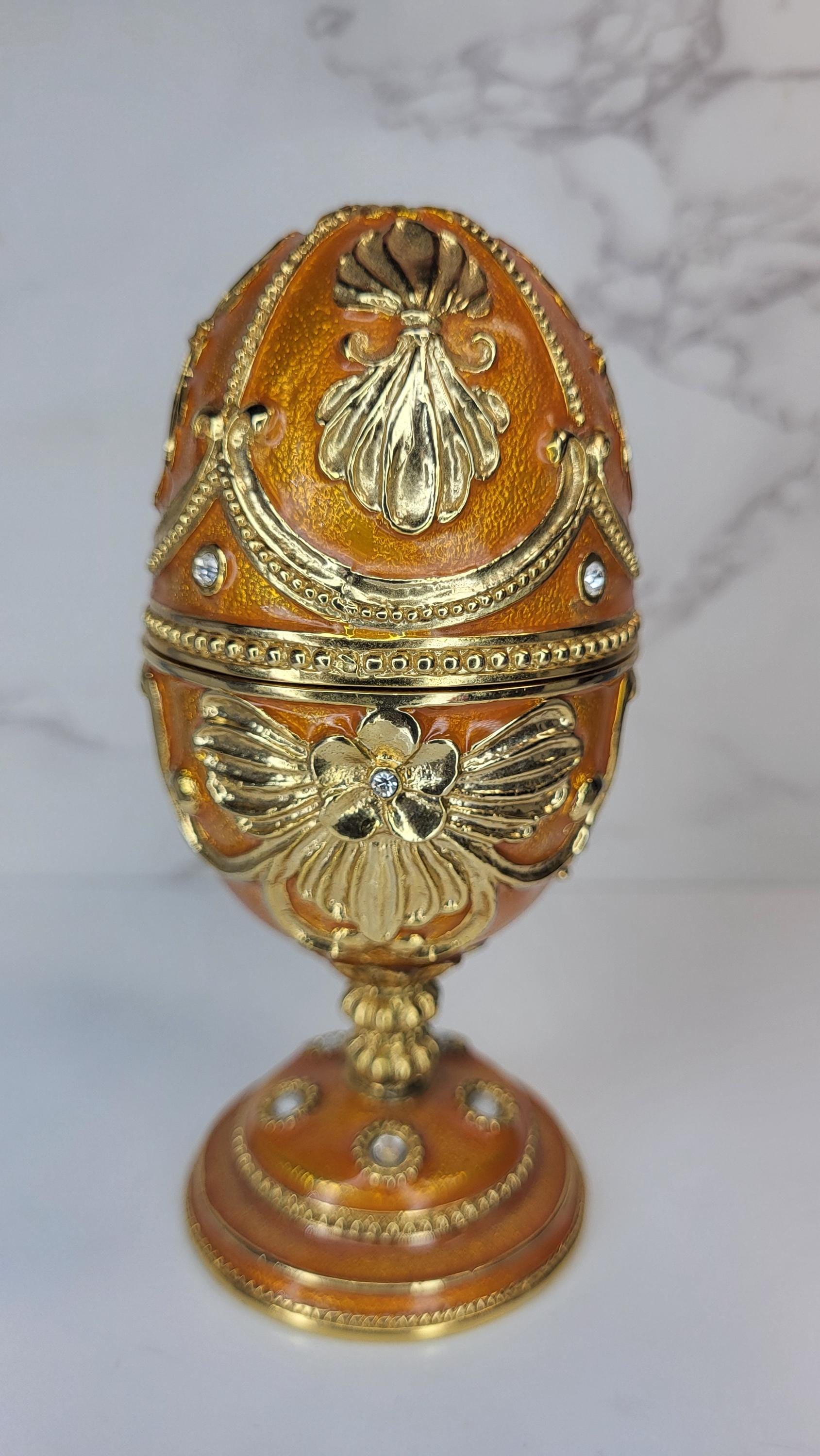 14k Gold South Sea Pearl Necklace Earrings Set, Orange Fabergé Style Egg Trinket Box view 8