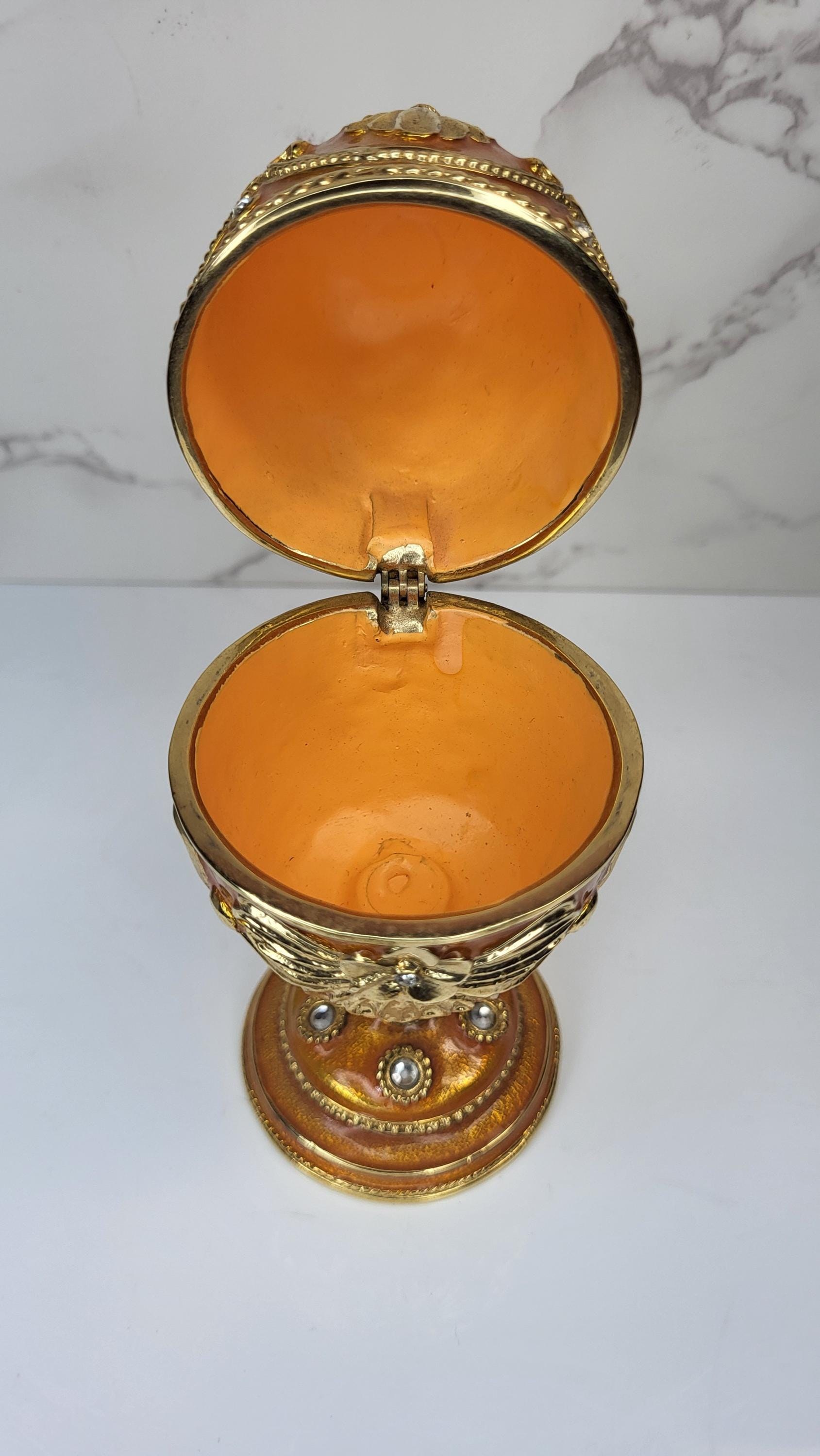 14k Gold South Sea Pearl Necklace Earrings Set, Orange Fabergé Style Egg Trinket Box view 9