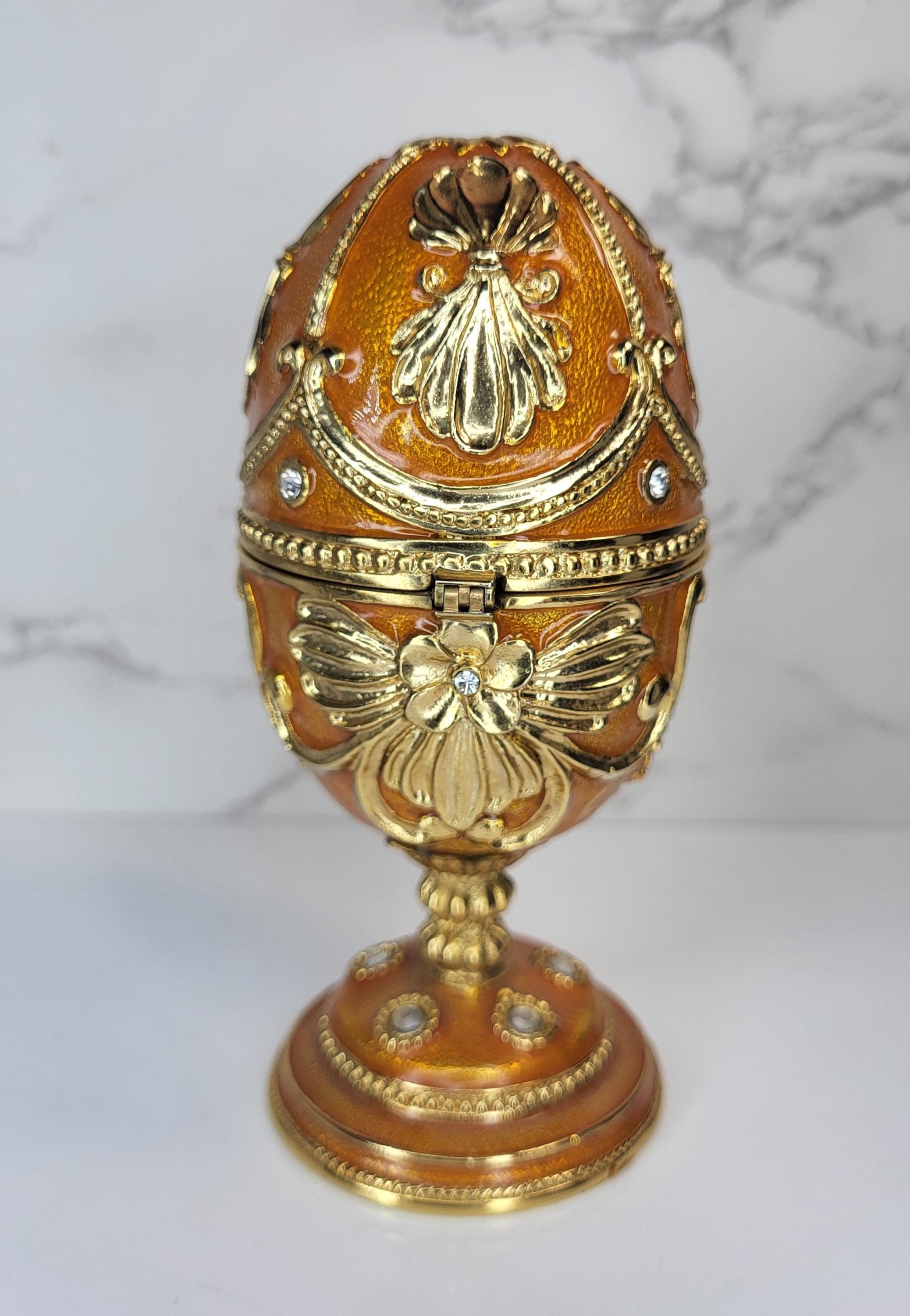 14k Gold South Sea Pearl Necklace Earrings Set, Orange Fabergé Style Egg Trinket Box view 10
