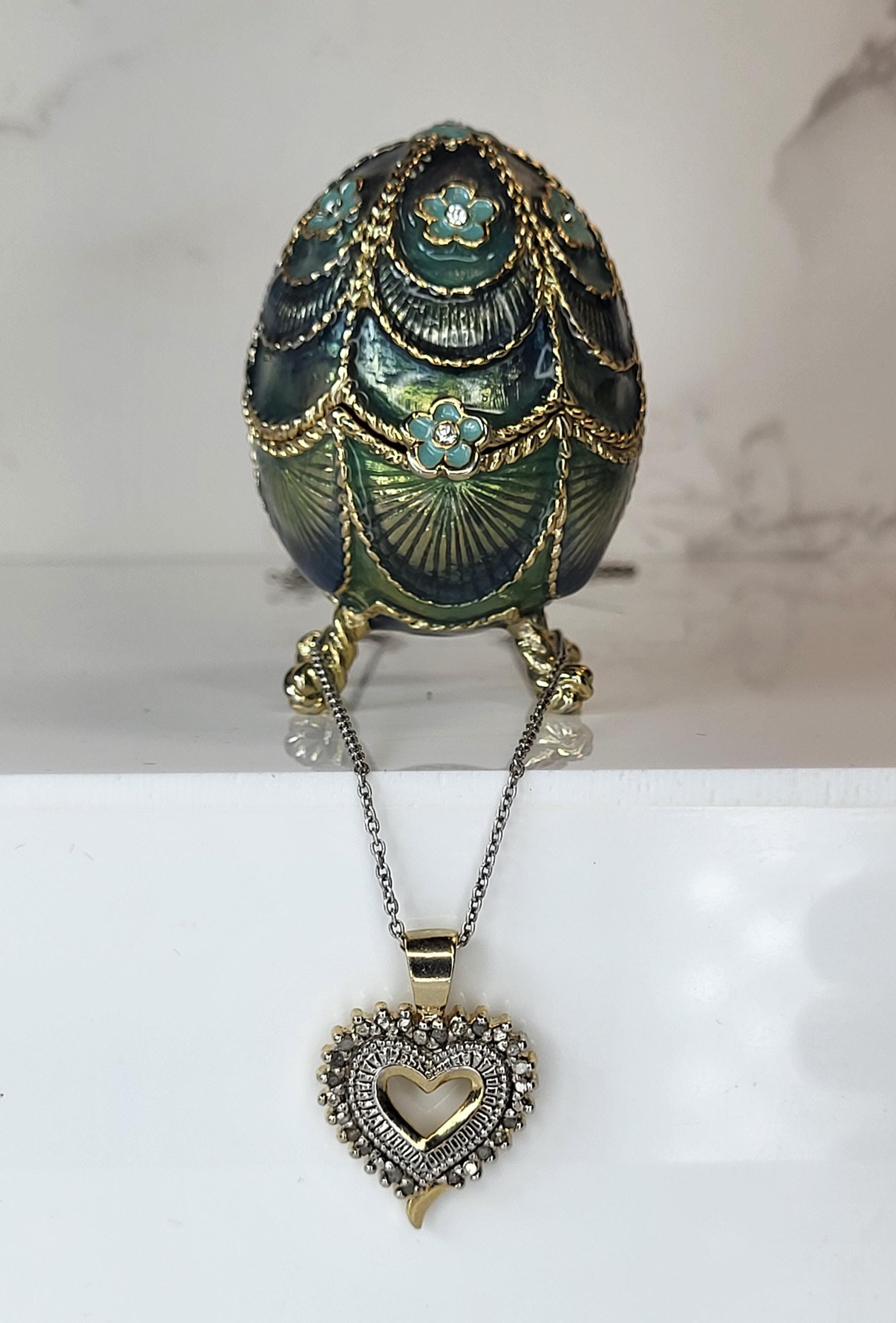 Vintage Monet Enamel Egg Trinket Box & 14K Gold Vermeil Diamond Heart Necklace Set